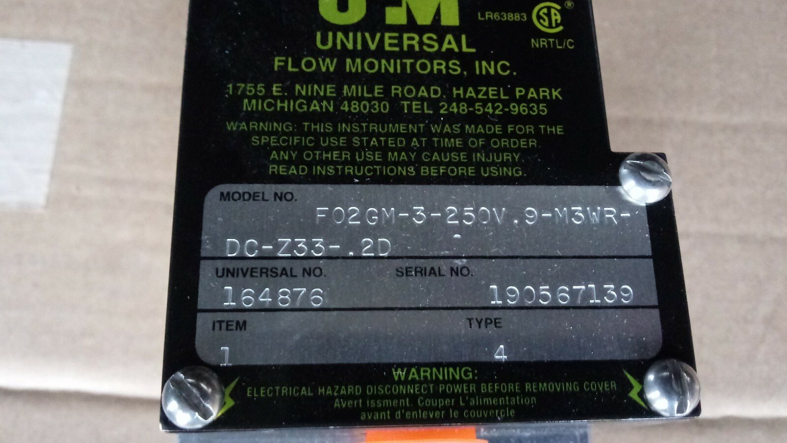 New UFM Universal Flow Monitors F02GM-3-250V.9-M3WR-DC-Z33-.2D 164876