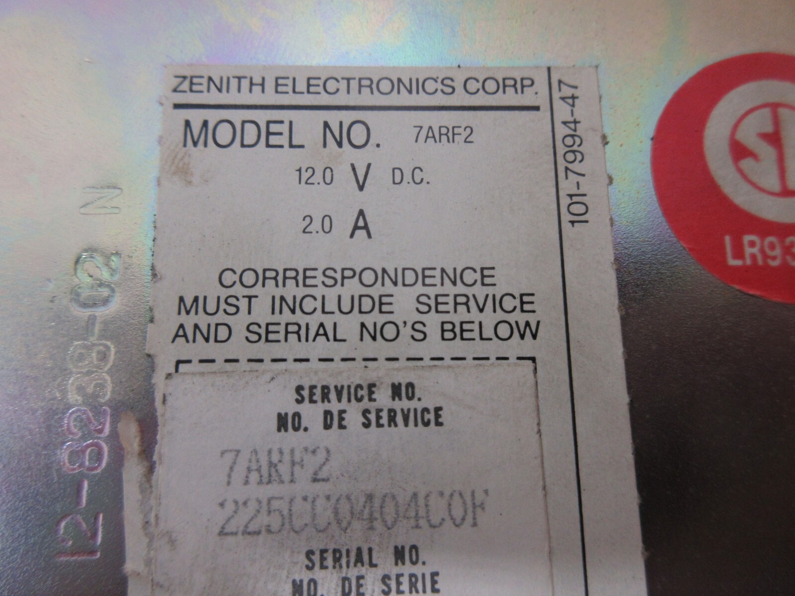 ZENITH DISPLAY MONITOR 7ARF2 12.0V DC 2.0A 7ARF2 225CC0404C0F WARRANTY