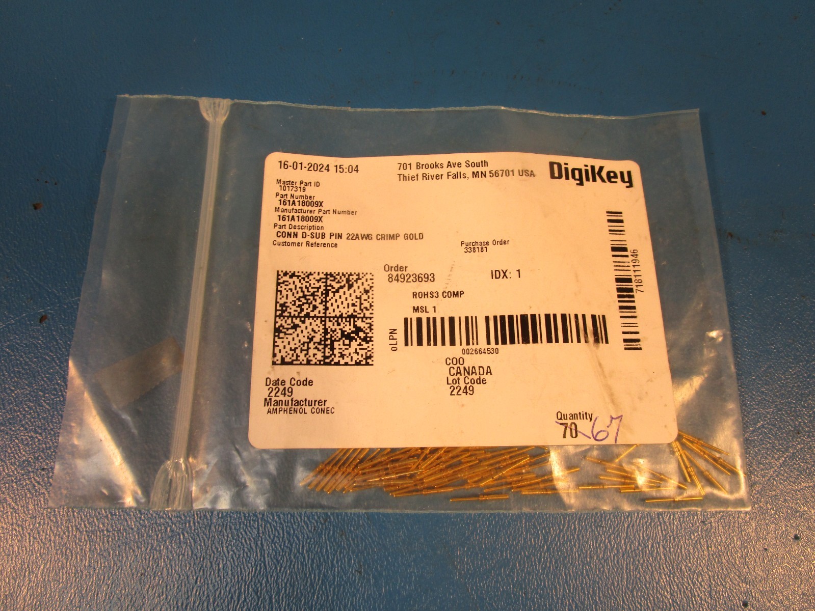 LOT OF 67 Amphenol CONEC, 161A18009X, CONN D-SUB PIN 22AWG CRIMP GOLD, D-Sub