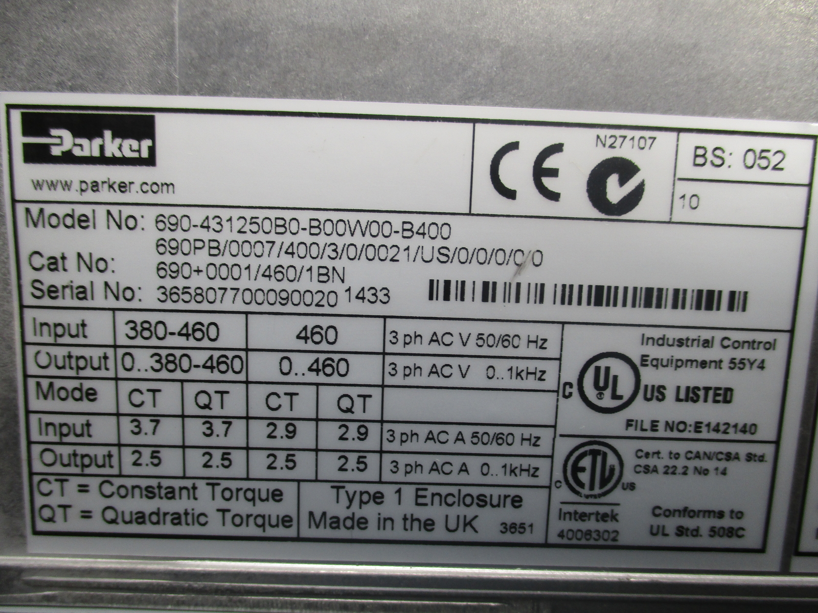 PARKER 690PB/0007/400/3/0/002/US/0/0/0/0/0 (AS PICTURED) UNMP