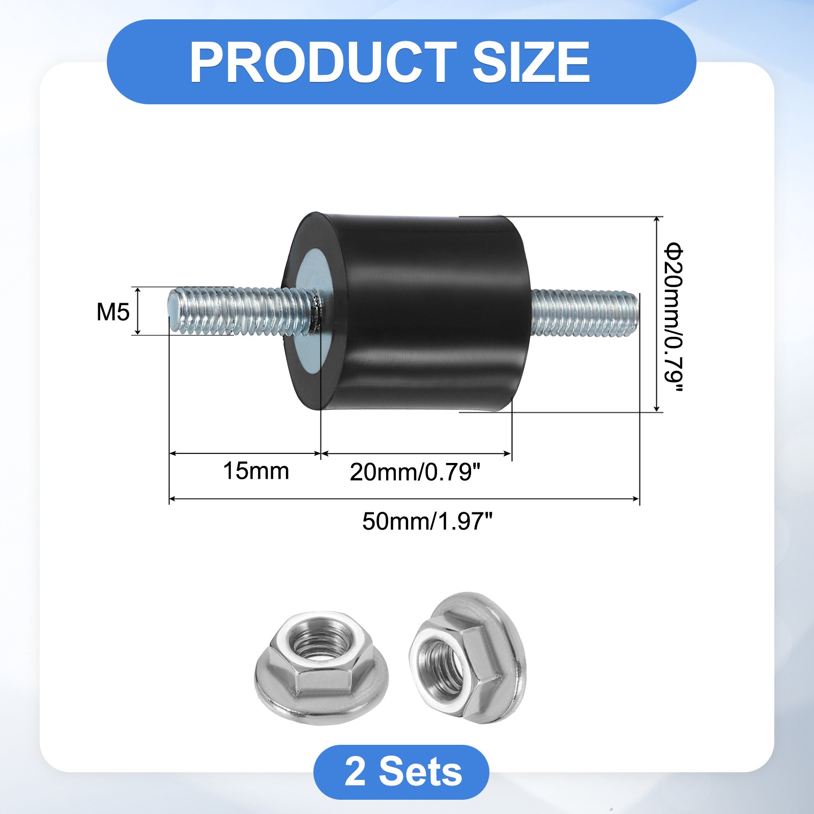 2Pcs M5 x 15mm Rubber Mounts, 20 x 20mm Rubber Vibration Isolator with Nuts