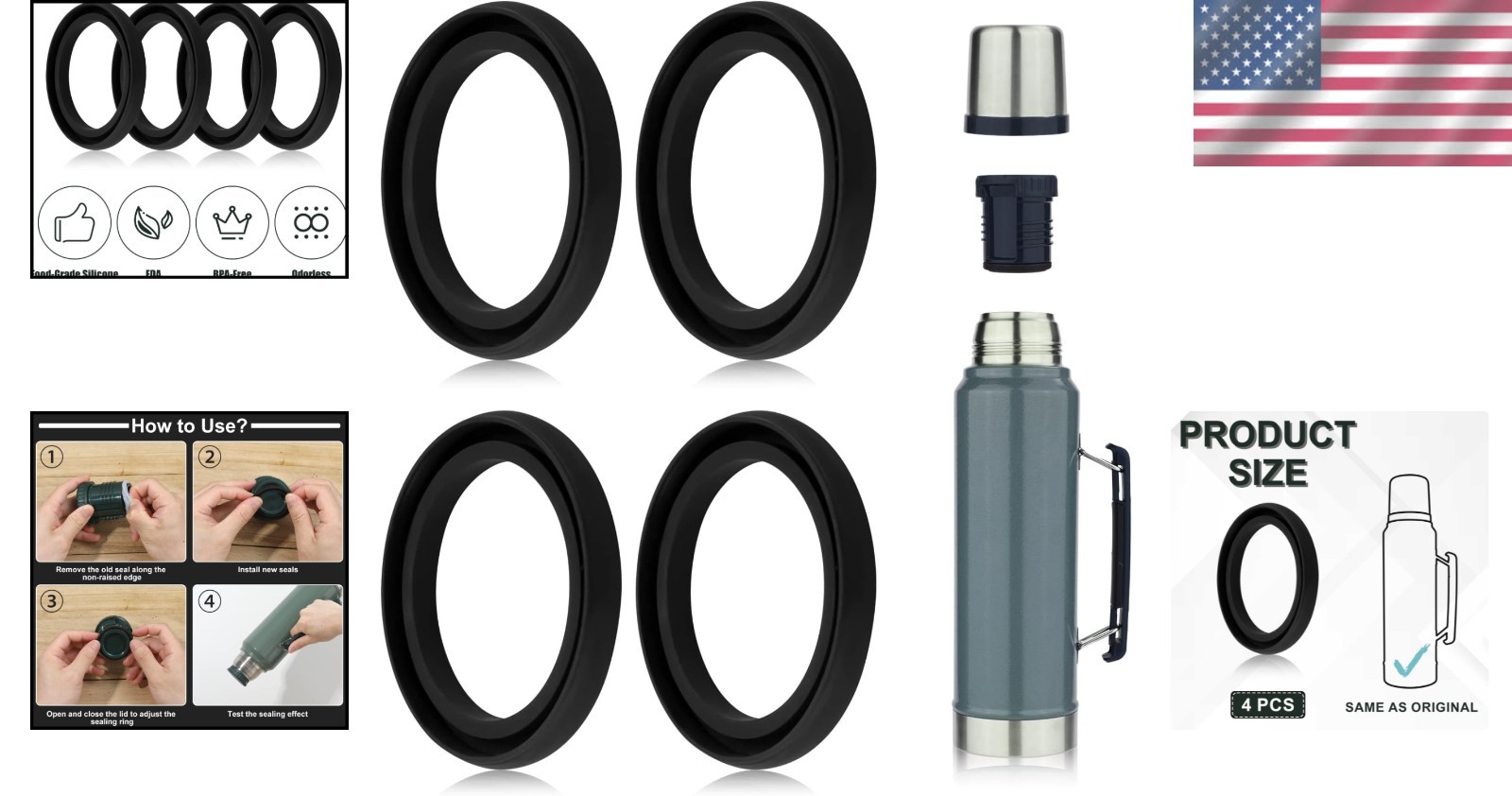 4pcs Silicone Replacement Gaskets Classic for Stanley, Silicone Seal Gasket for