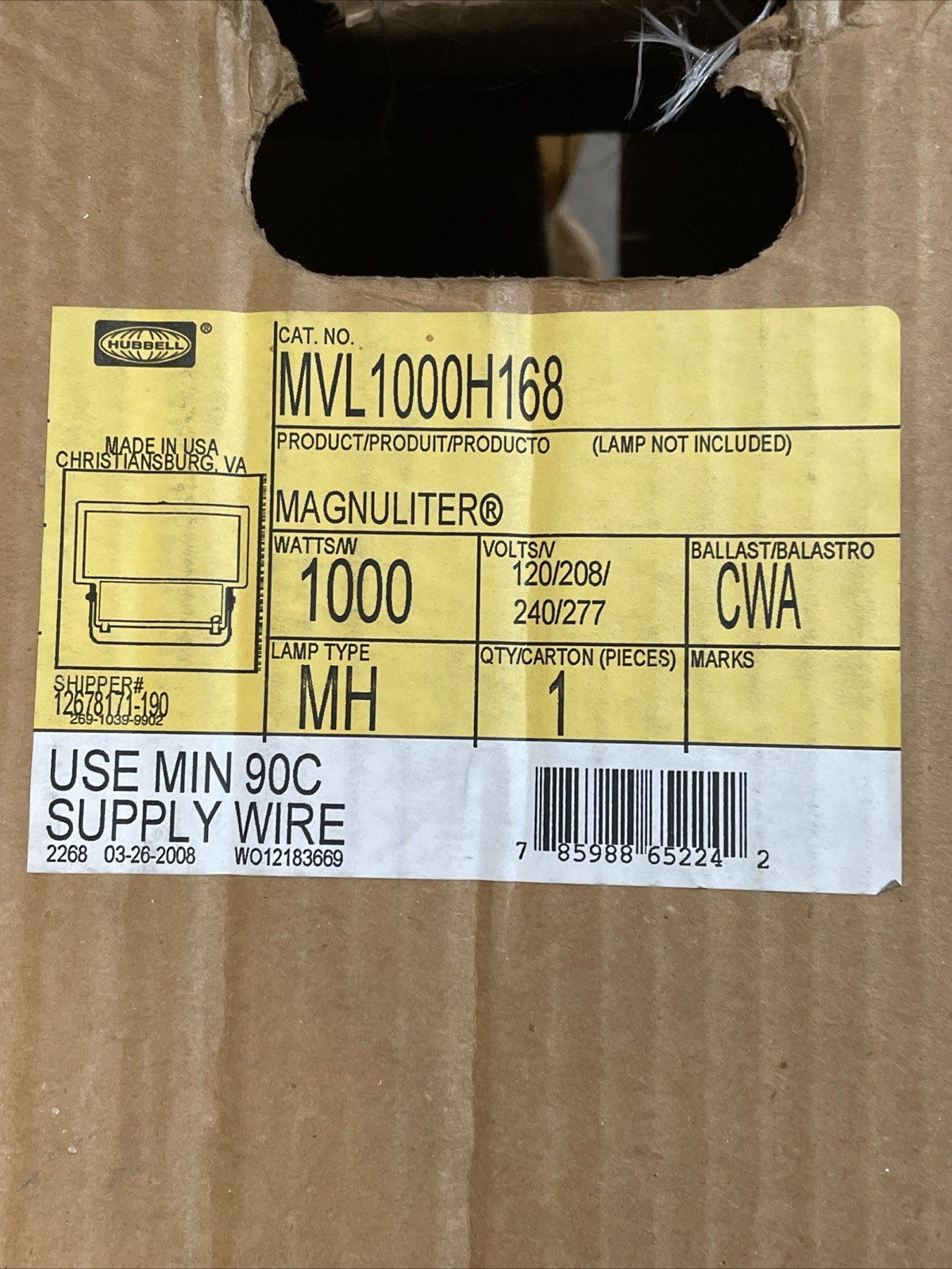 Hubbell Magnuliter Floodlight MVL-1000H-168 1000W Lamp Type MH
