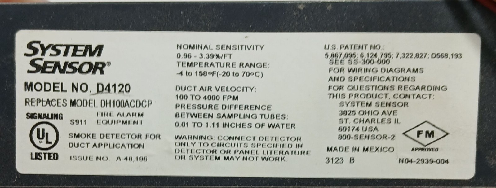 1 USED SYSTEM SENSOR D4120 PHOTOELECTRIC DUCT SMOKE DETECTOR ***MAKE OFFER***
