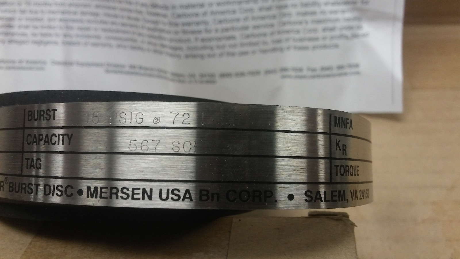MCMASTER CARR 1.5″ Series 3 15 PSIG Graphite Flanged GRAPHILOR BURST DISC