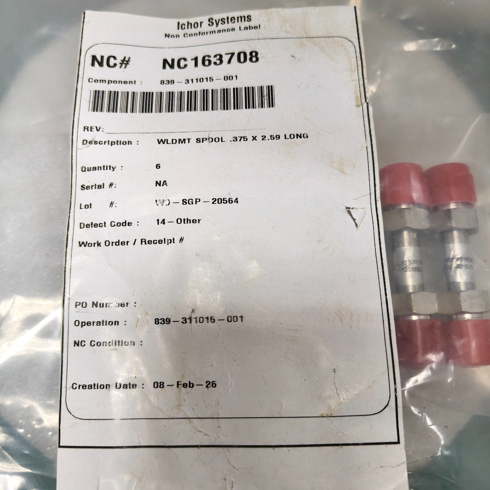 Lot of 6 Ichor 839-311015-001 WLDMT, SPOOL 0.375×2.59,Unused,~97476