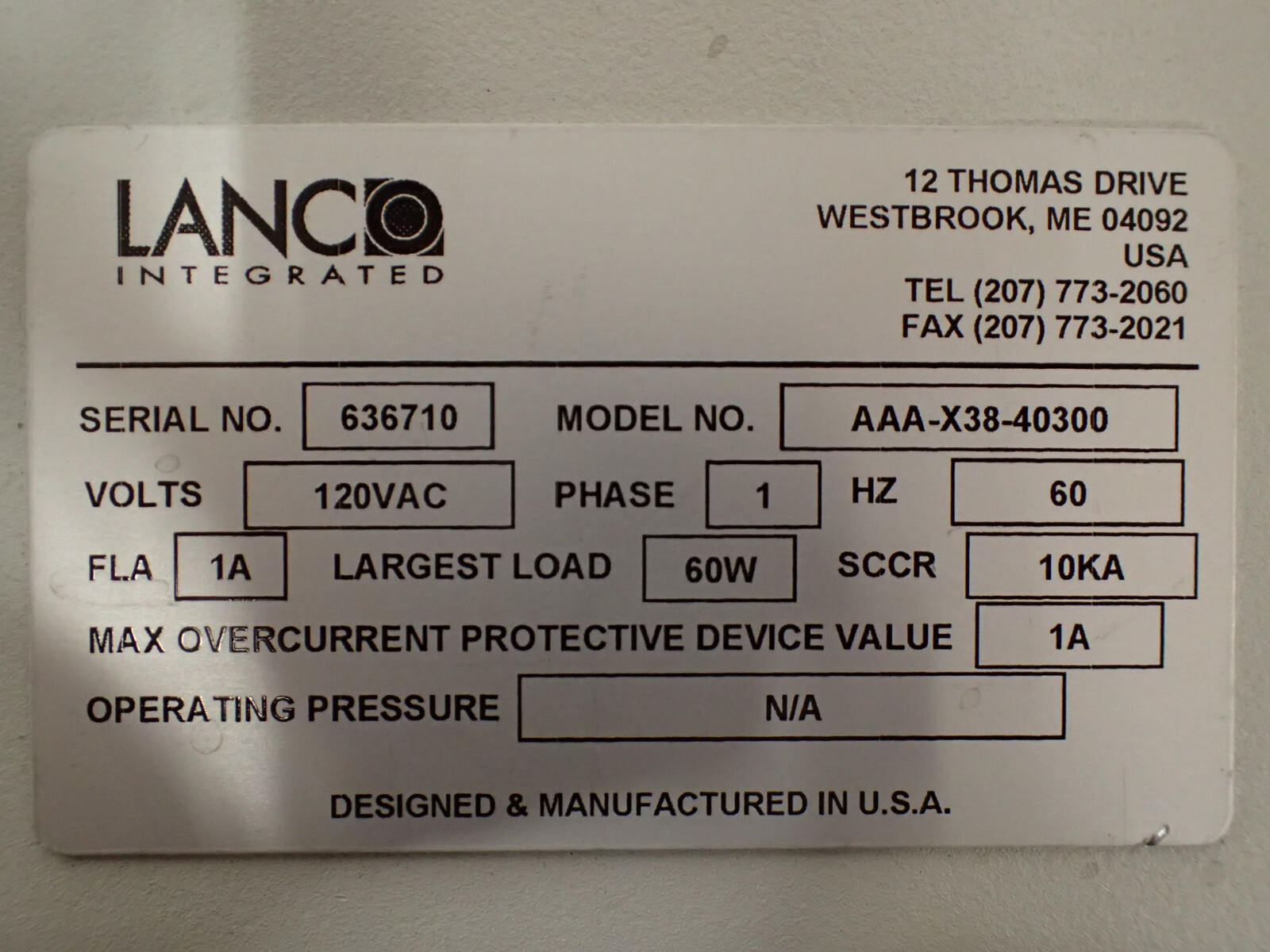 LANCO INTEGRATED AAA-X38-40300 In 120Vac 1PH 60Hz 60W