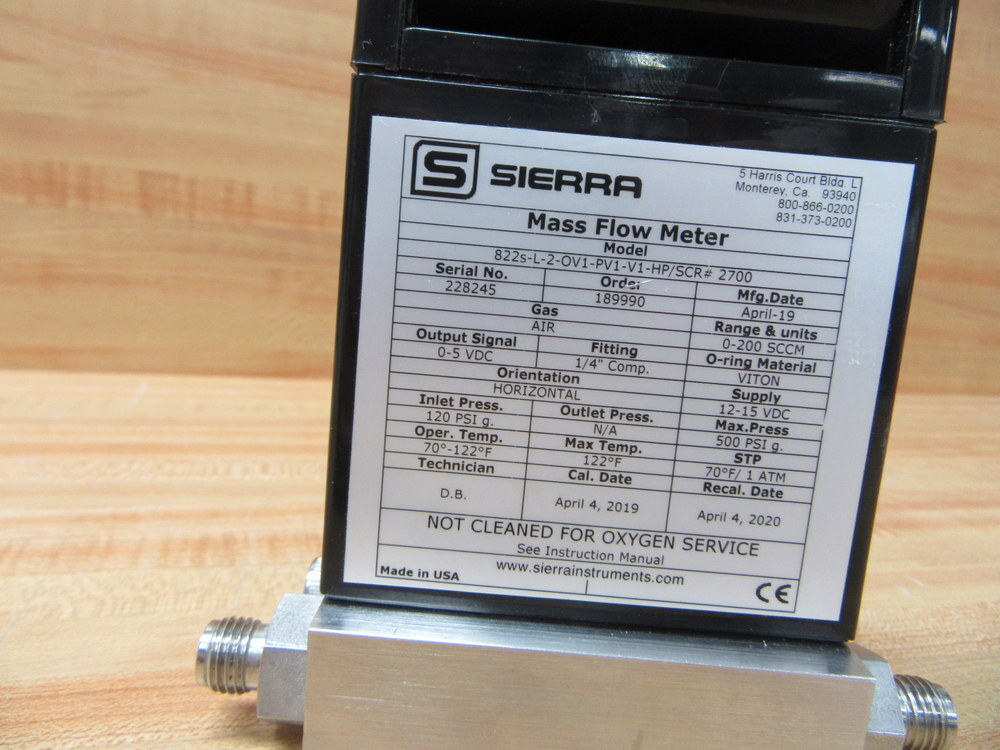 Sierra 822S-L-2-OV1-PV1-V1-HP/SCR #2700 Mass Flow Meter 0-200 SCCM 120PSI