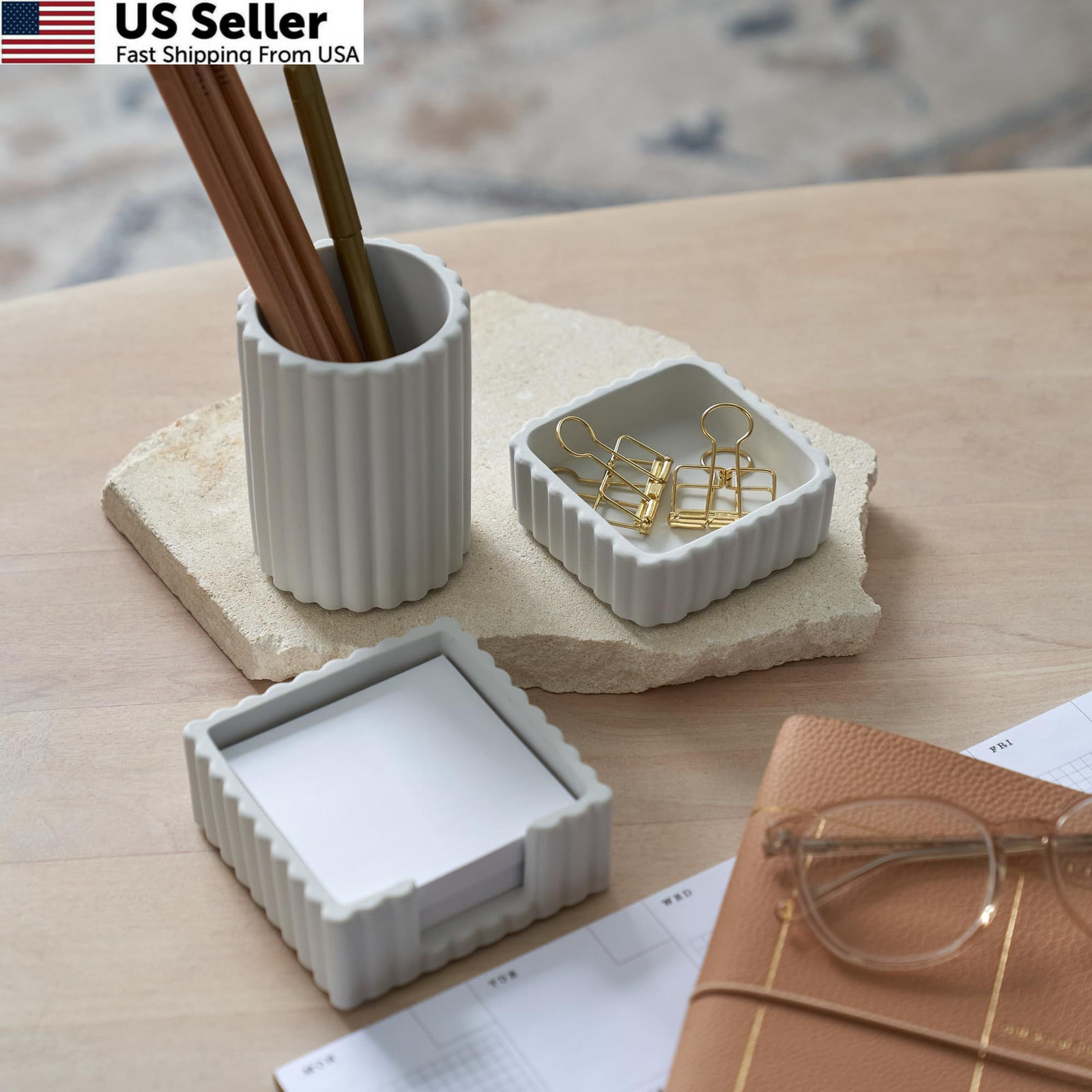 KIBAGA Modern Aesthetic Desk Accessories Set of 3 – Stylish Concrete Gray