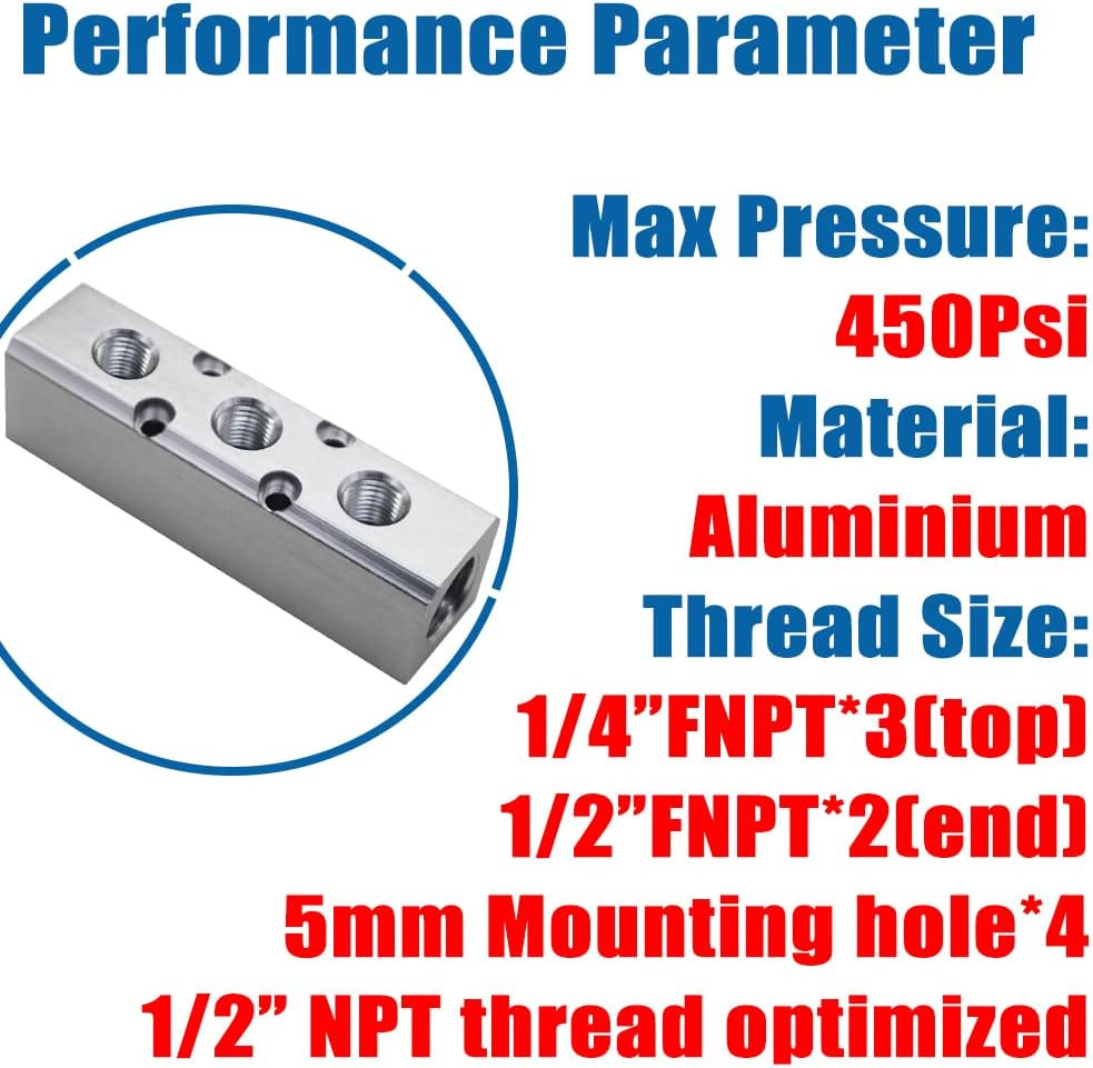 Quality 3 Way 5 Port Air Manifold 1/2″ NPT Supply Port 1/4″ NPT Outport Aluminum