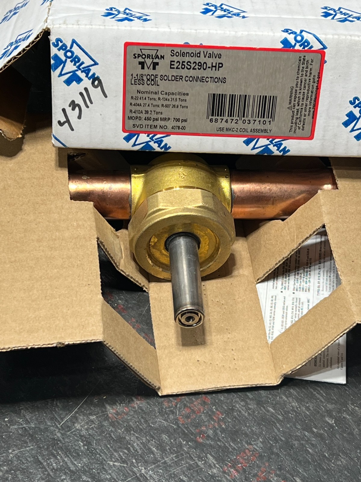 sporlan e25s290-hp nos poor packaging missing screw/plate 1-1/8″ odf 4078-00
