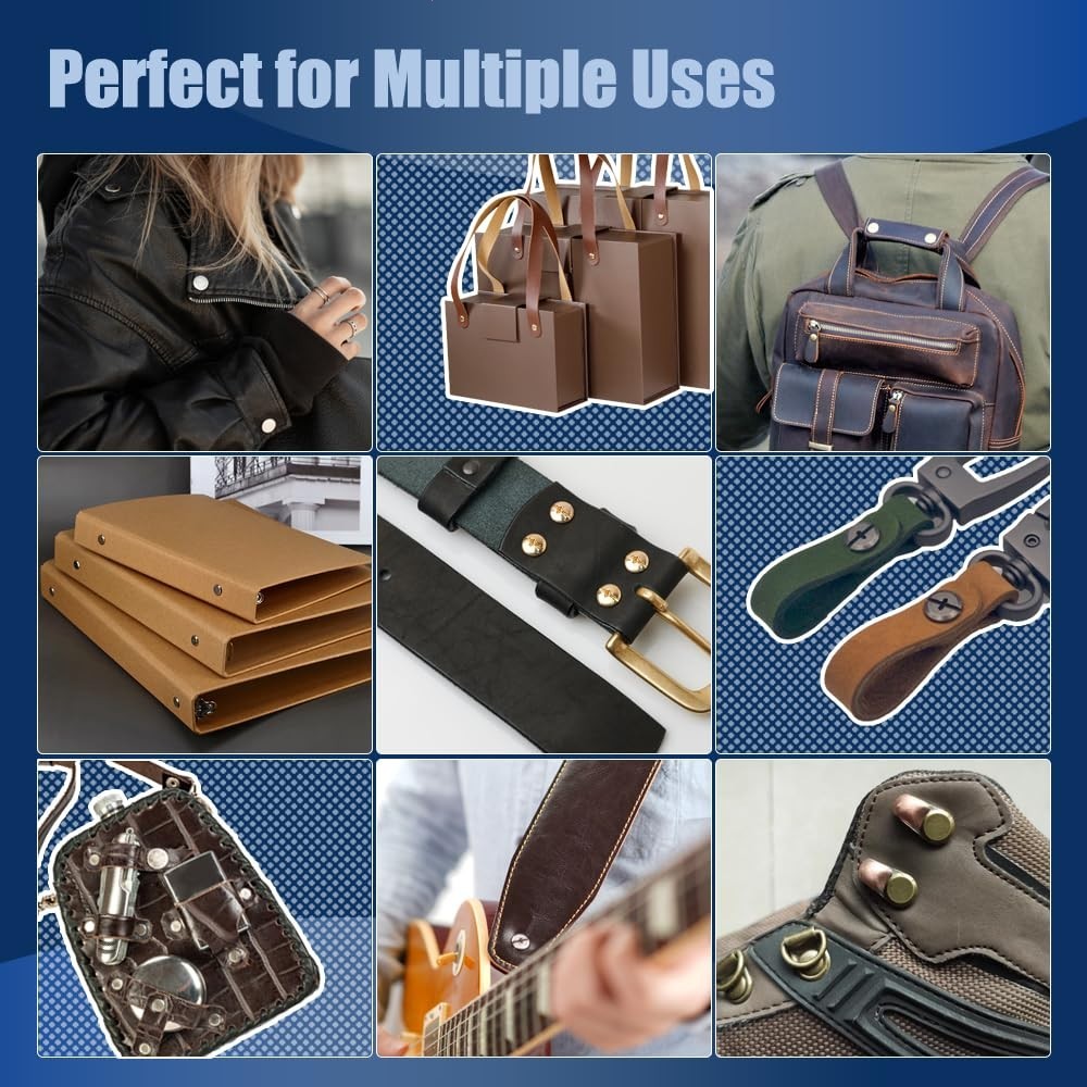 170 Sets Gold Chicago Screws Leather Rivets Kit, 8 Sizes (M5*4,5,6,8,10,12,15,18