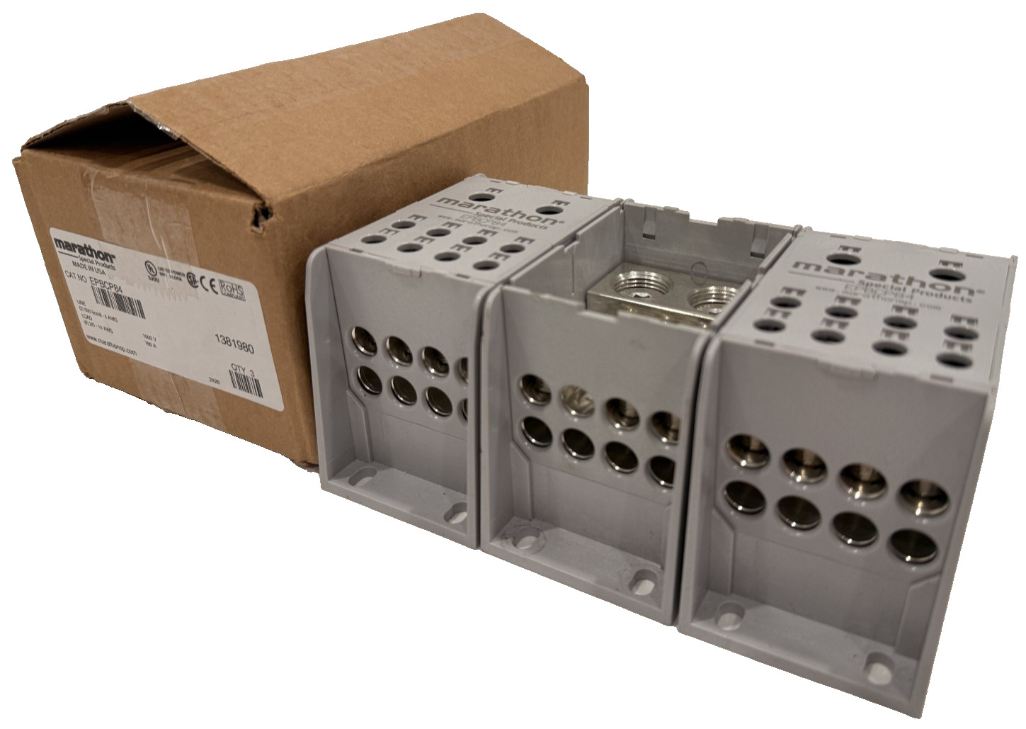 BOX OF 3 NEW MARATHON EPBCP84 POWER DISTRIBUTION BLOCKS THERMOPLASTIC INSULATOR