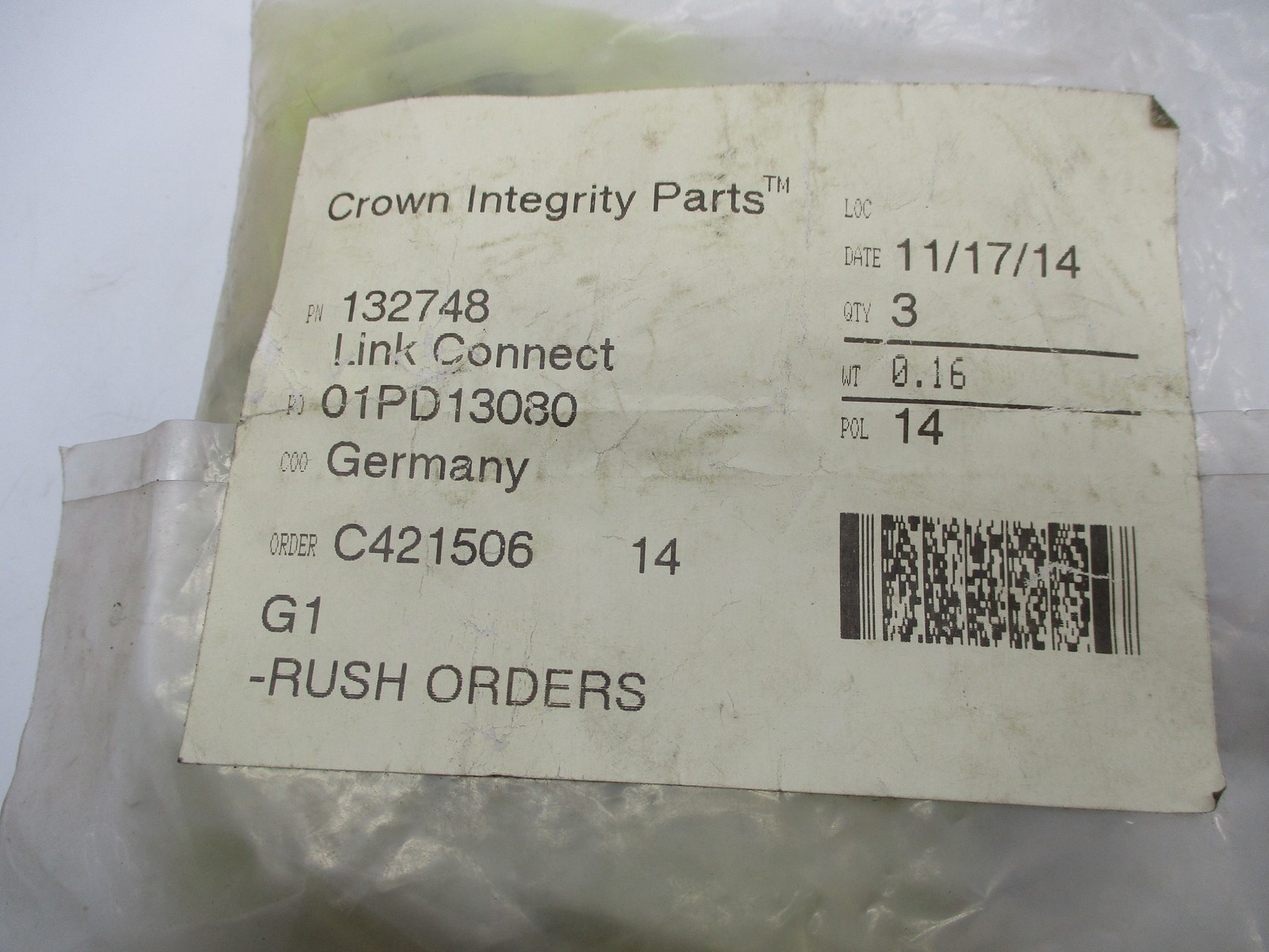 CROWN INTEGRITY PARTS 132748 LINK CONNECT PKG OF 3 NSMP
