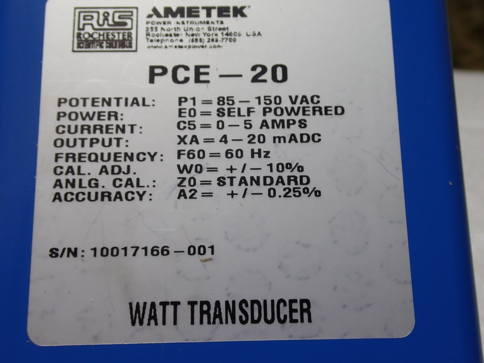 AMETEK PCE-20 WATT TRANSDUCER 85-150VAC ORIGINAL NEW
