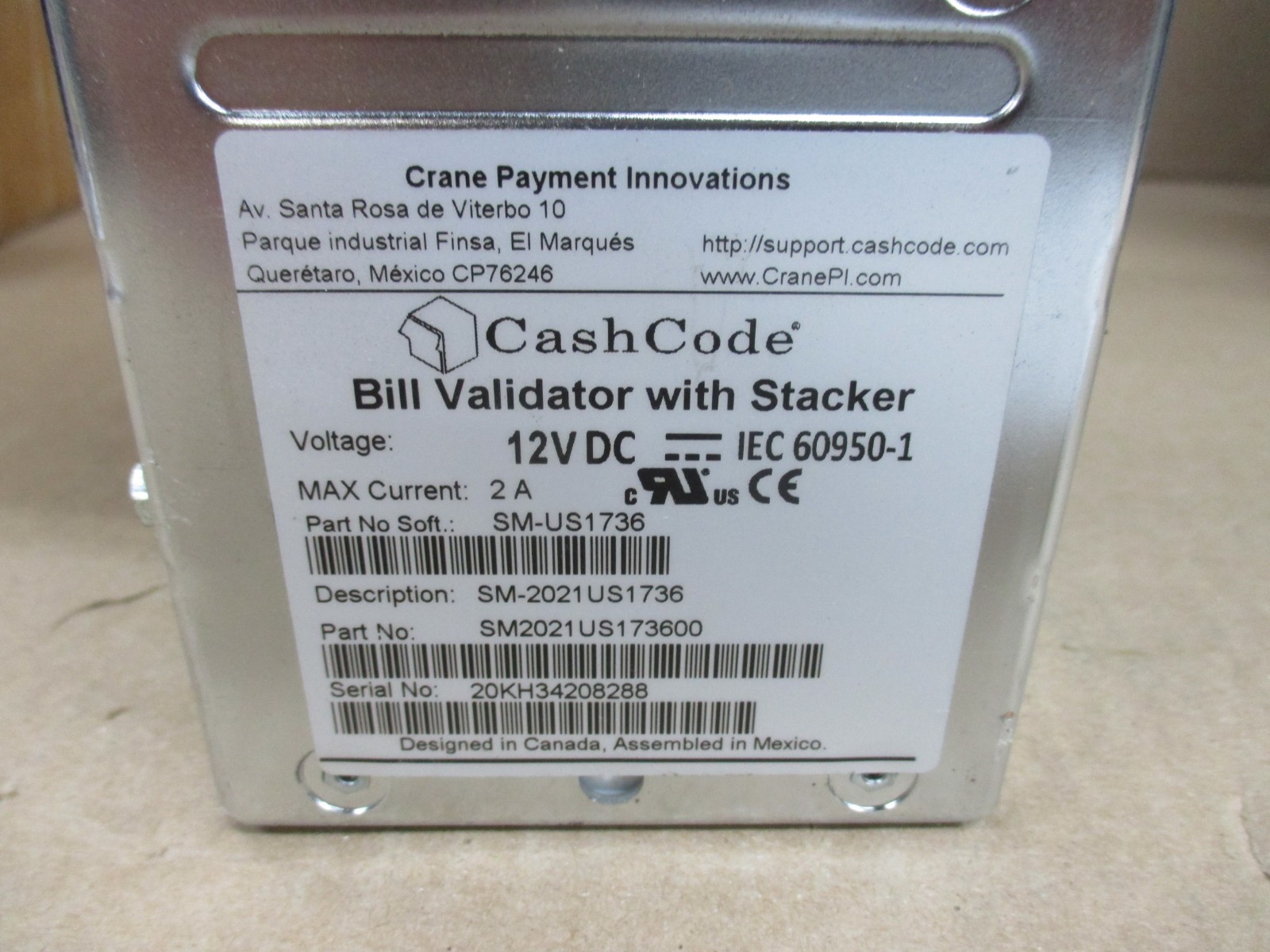 SM2021US173600 BILL VALIDATOR WITH STACKER CASH CODE USED