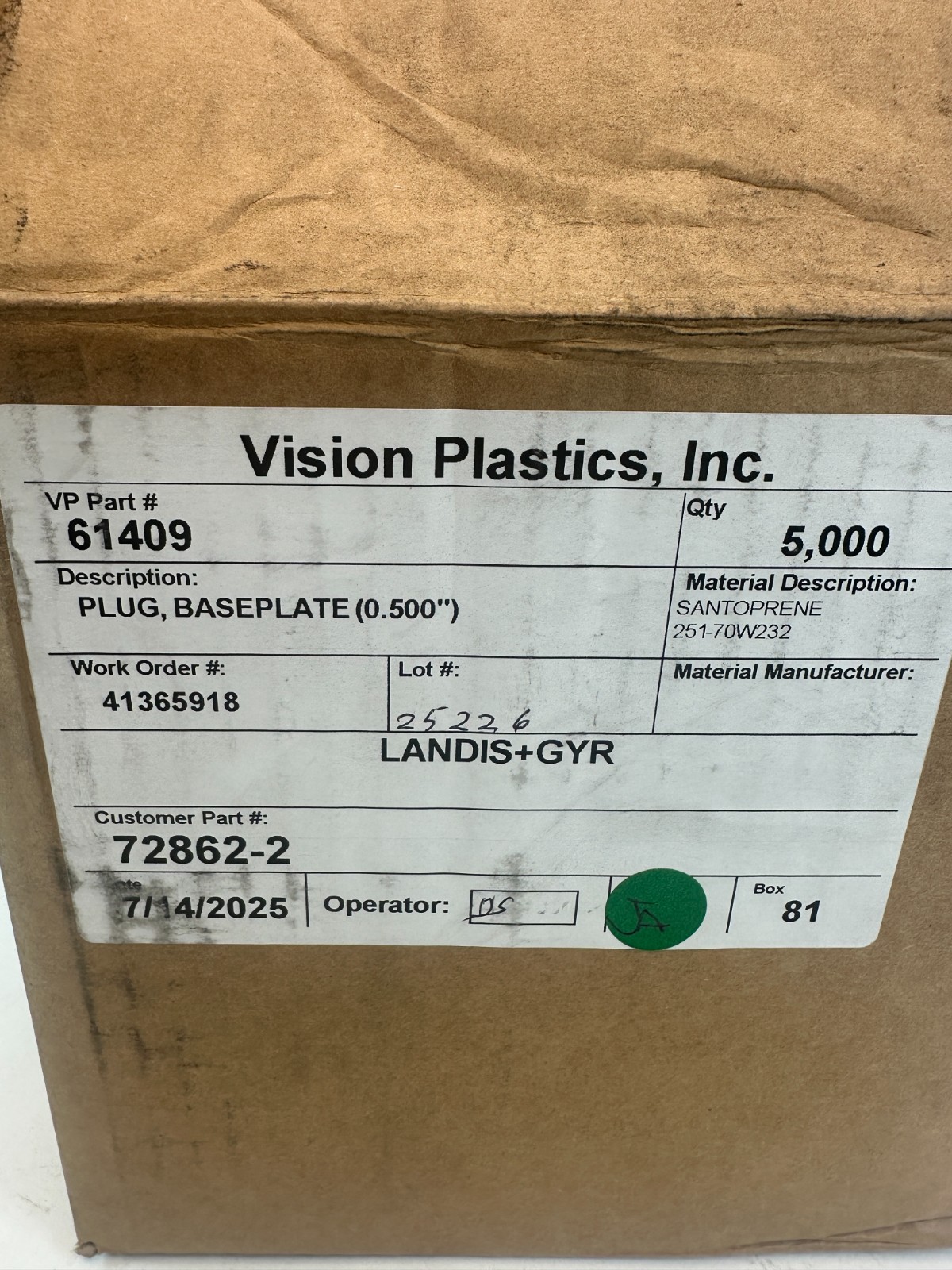 Vision Plastics 61409 Plugs Base Plate (0.500″) Santoprene 251-70W232 5000pcs