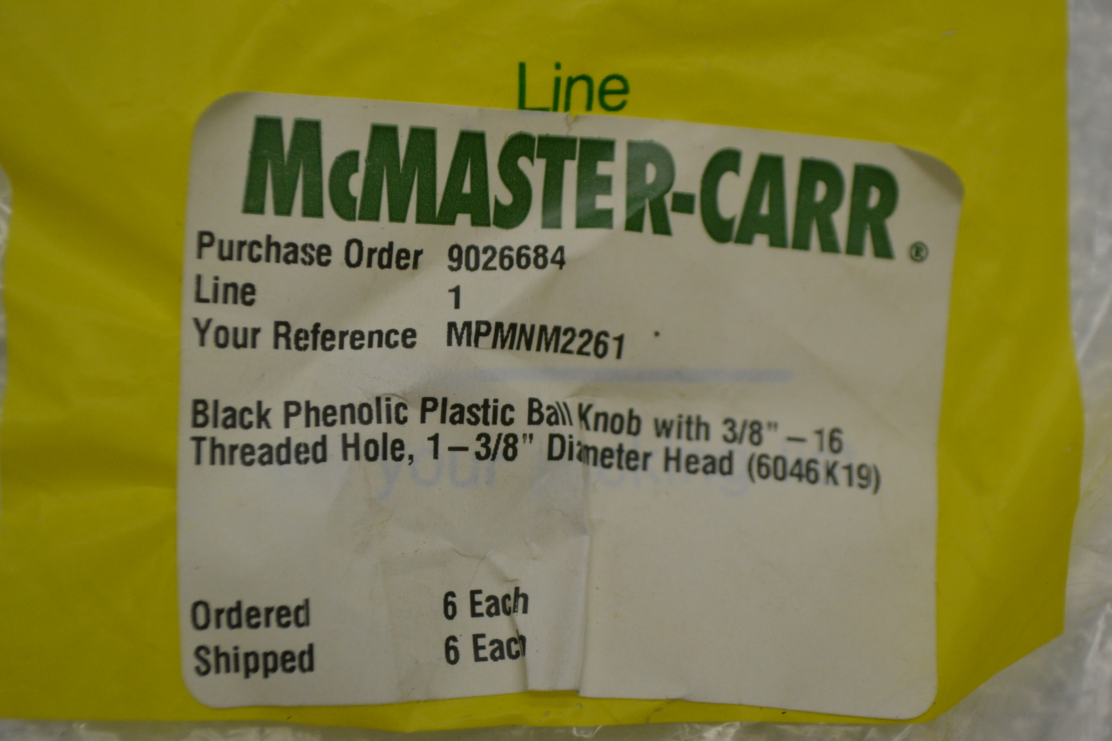 MCMASTER CARR MPMNM2261 BALL KNOB PKG OF 6 NSMP