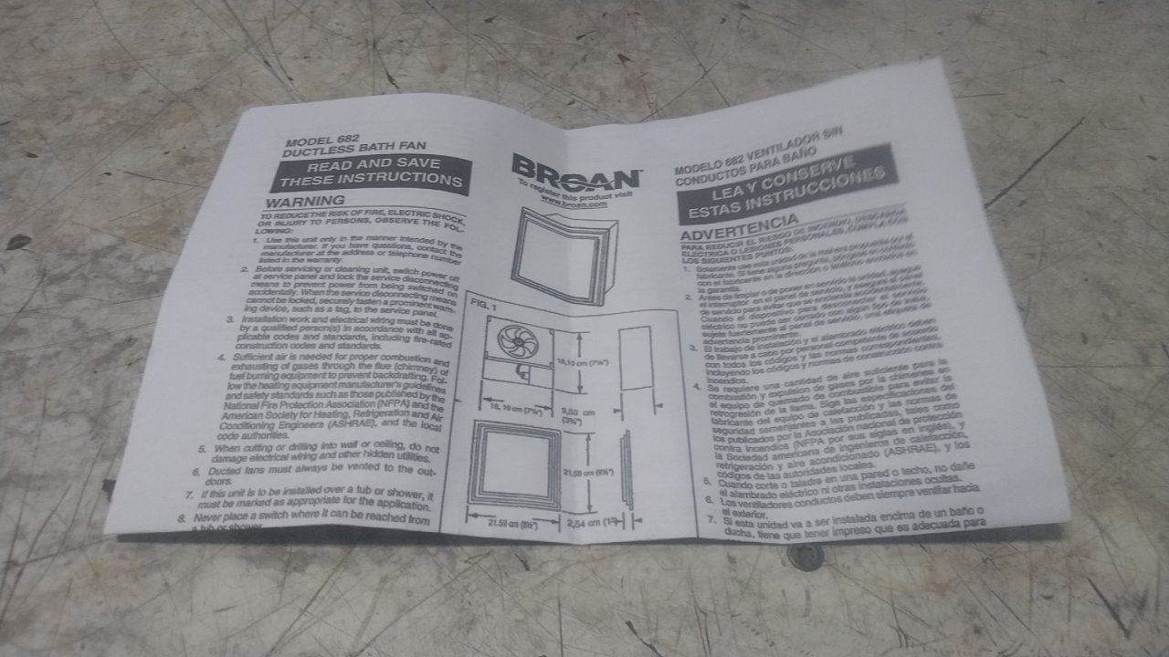 Broan 682 120VAC 120W Ceiling Mount Duct Free Bathroom Fan