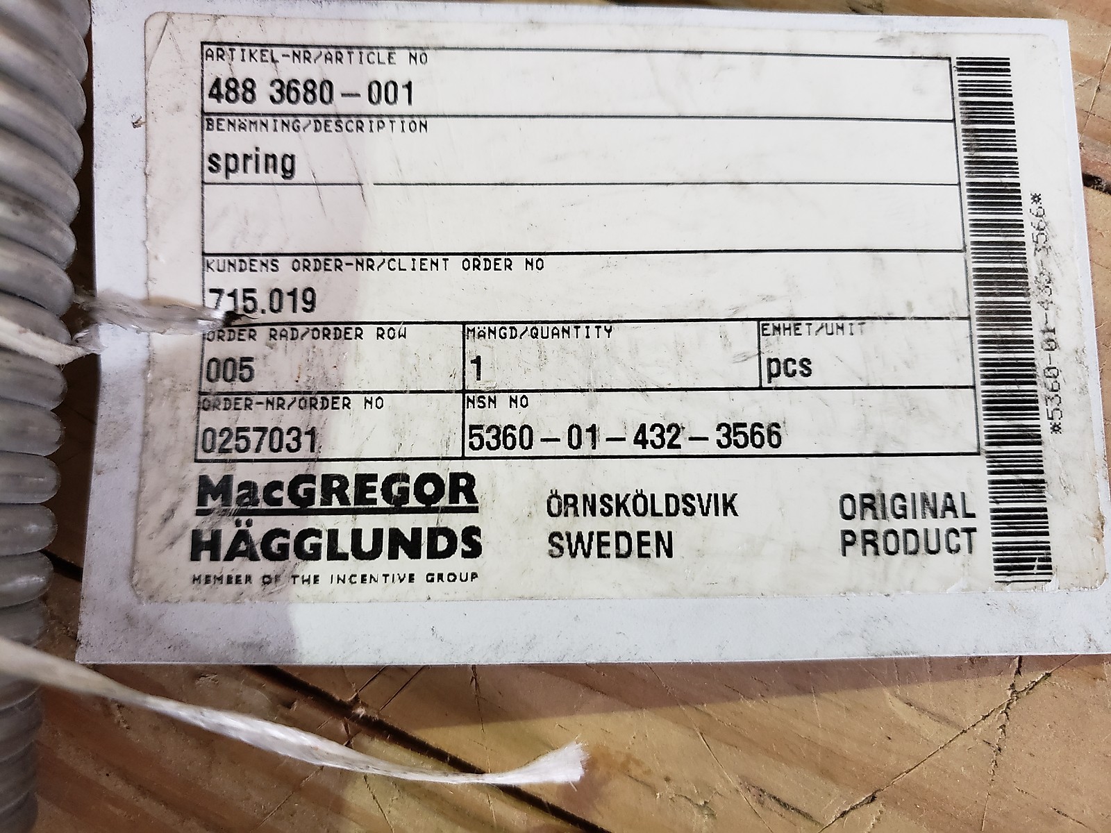 NOS MacGregor Hagglunds Helical Spring 1877802-801 4883680-001 5360014323566