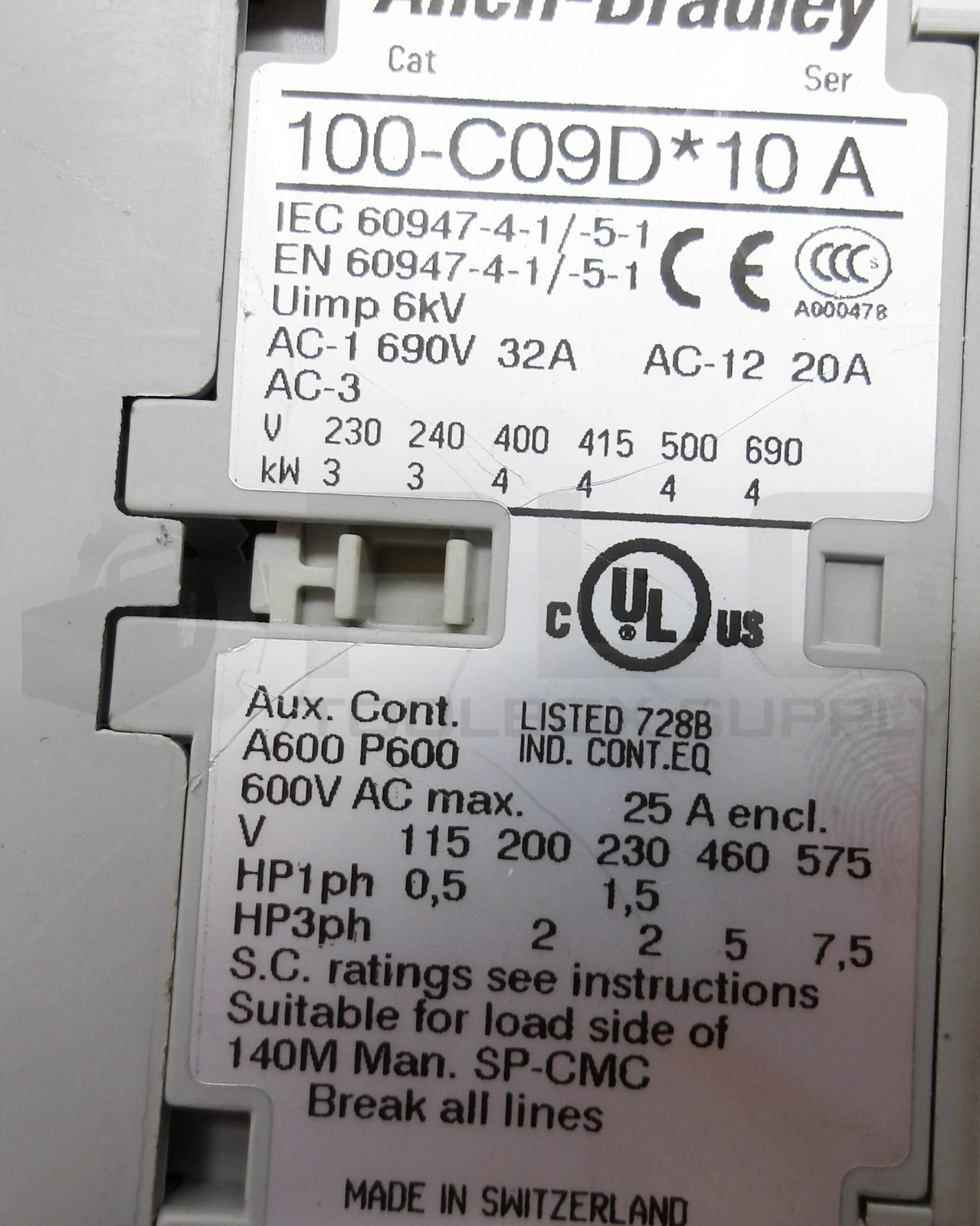 ALLEN BRADLEY 100-C09D*10 /A CONTACTOR W/ 100-F /B W/ 193-EECB /C
