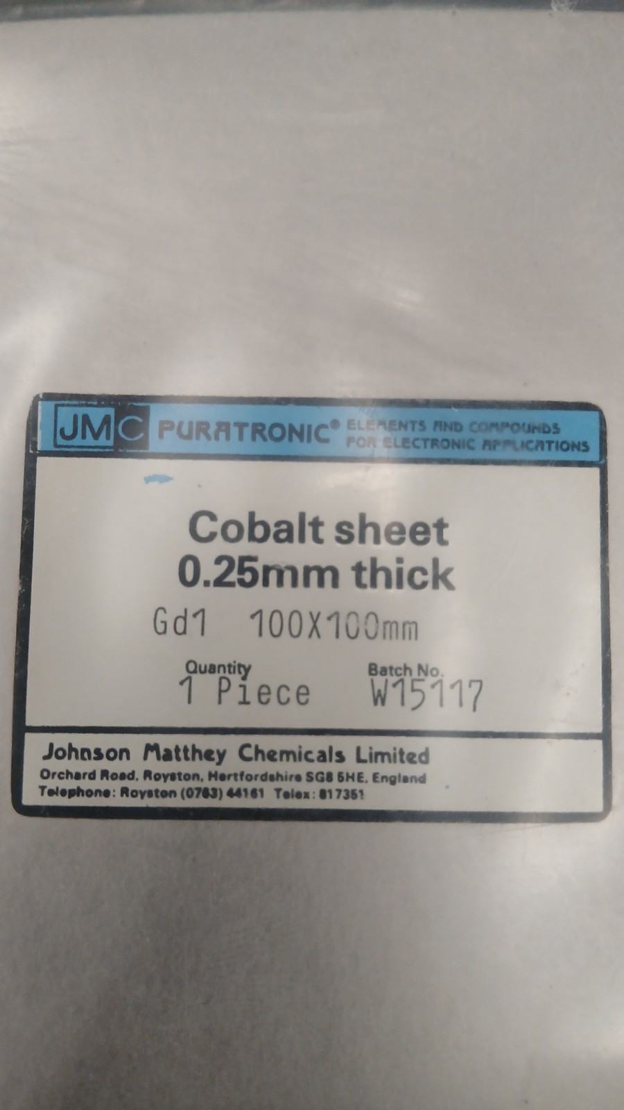 Cobalt Sheet 0.25mm Thick Gd1 100x100mm Metal Plate Industrial