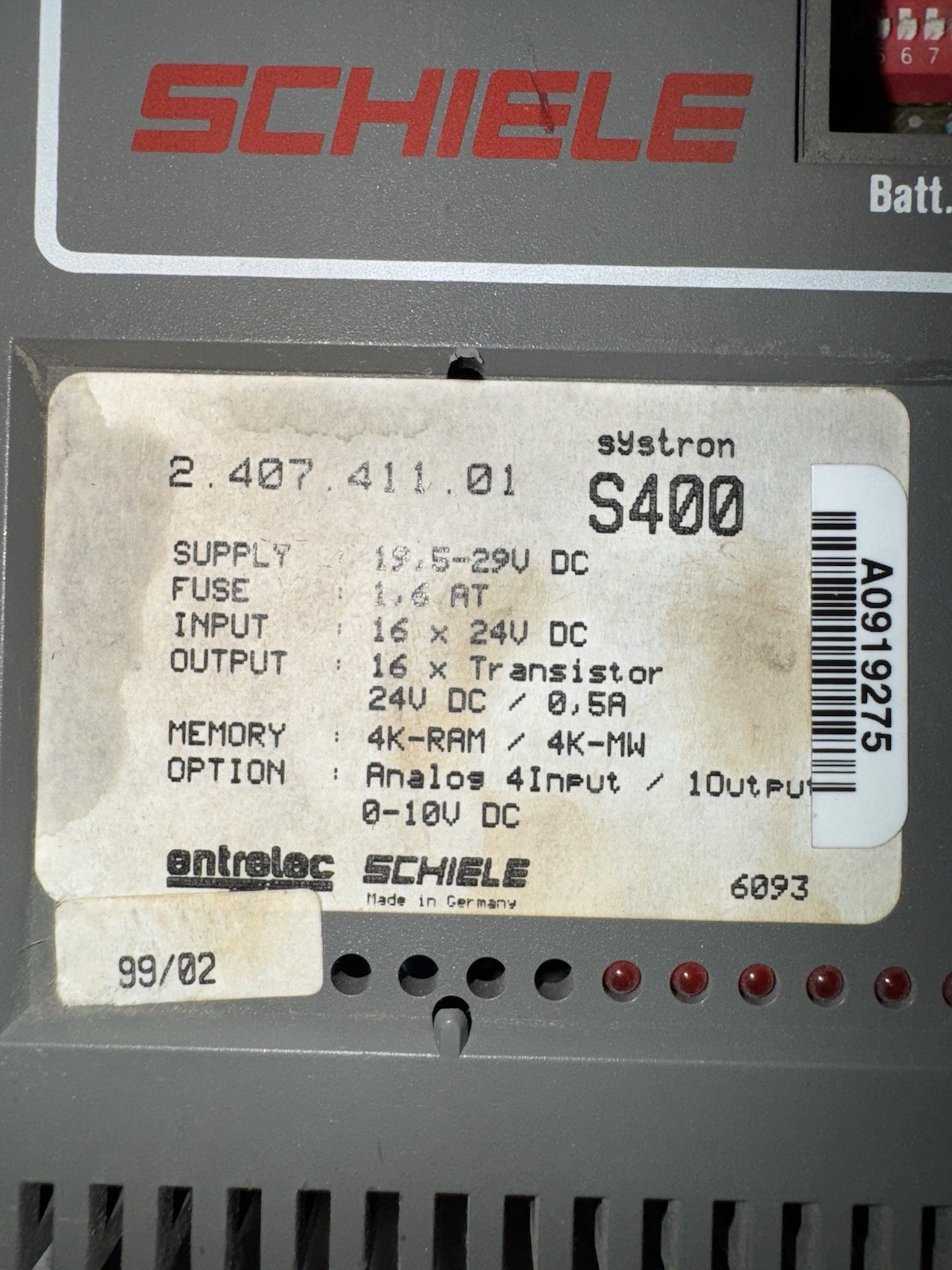 USED ABB SCHIELE SYSTRON S400 24VDC S400 LOGIC CONTROL 2.407,411.01