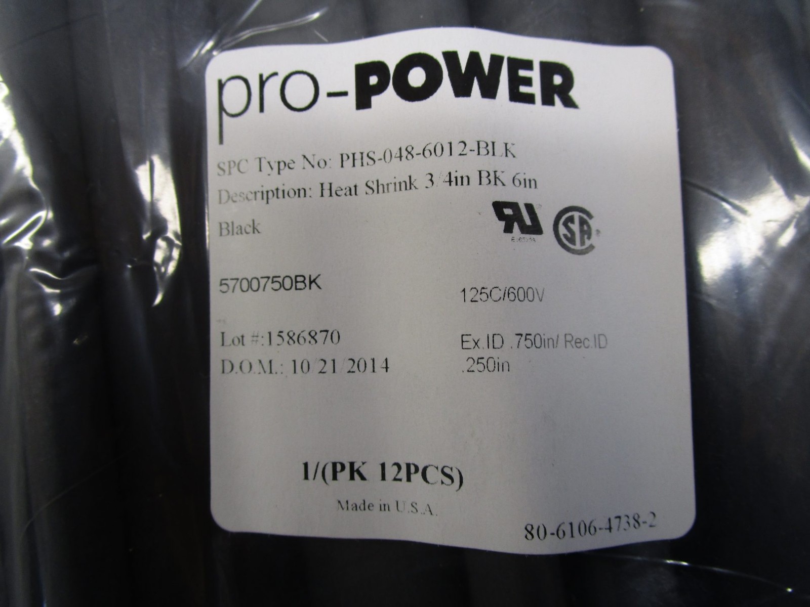 *Pack of 12* Pro-Power SPC PHS-048-6012-BLK Heat Shrink Tubing 3/4″ BK – NEW …