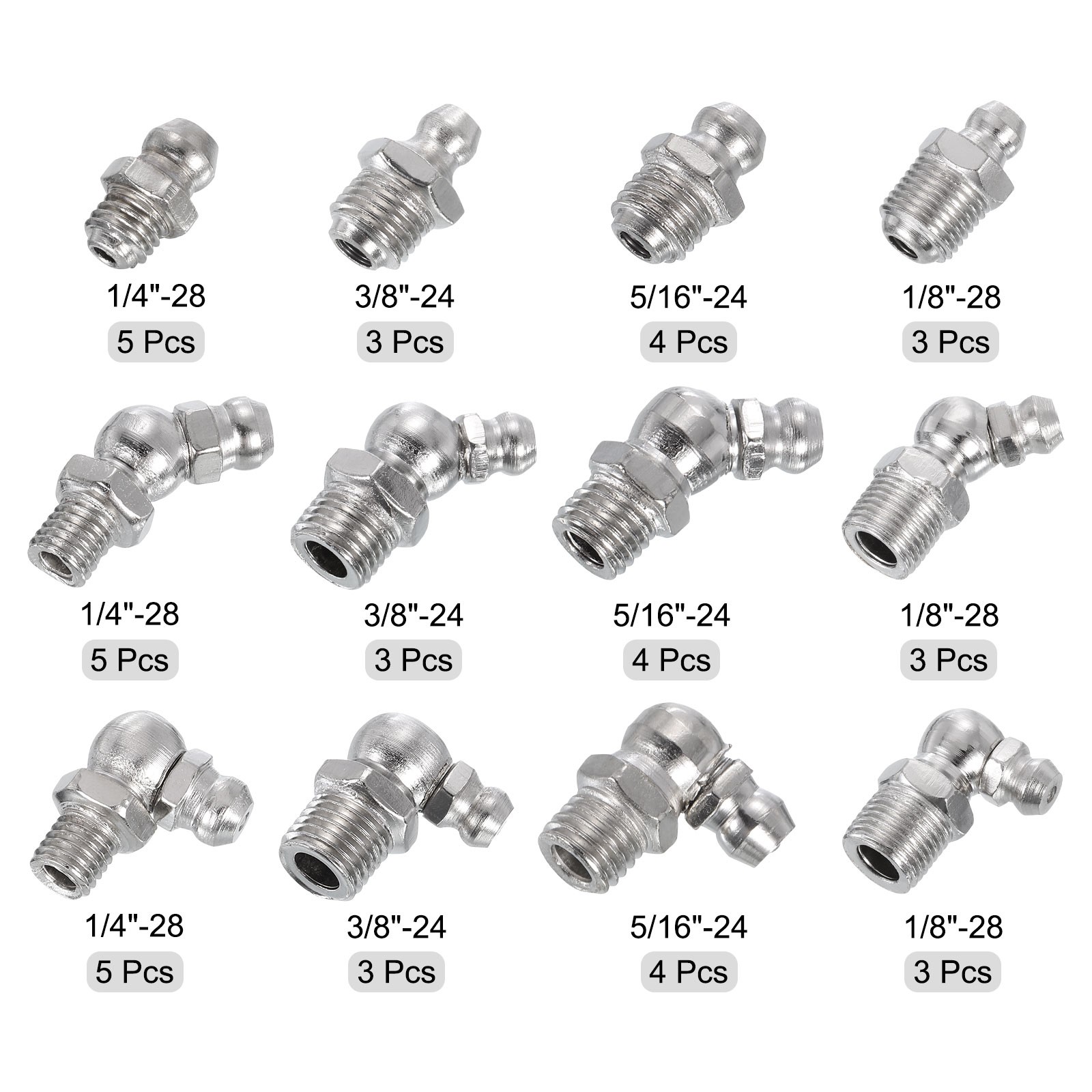 Straight and Angled Grease Fitting 1/4″-28 5/16″-24 3/8″-24 1/8″-28, 45Pcs