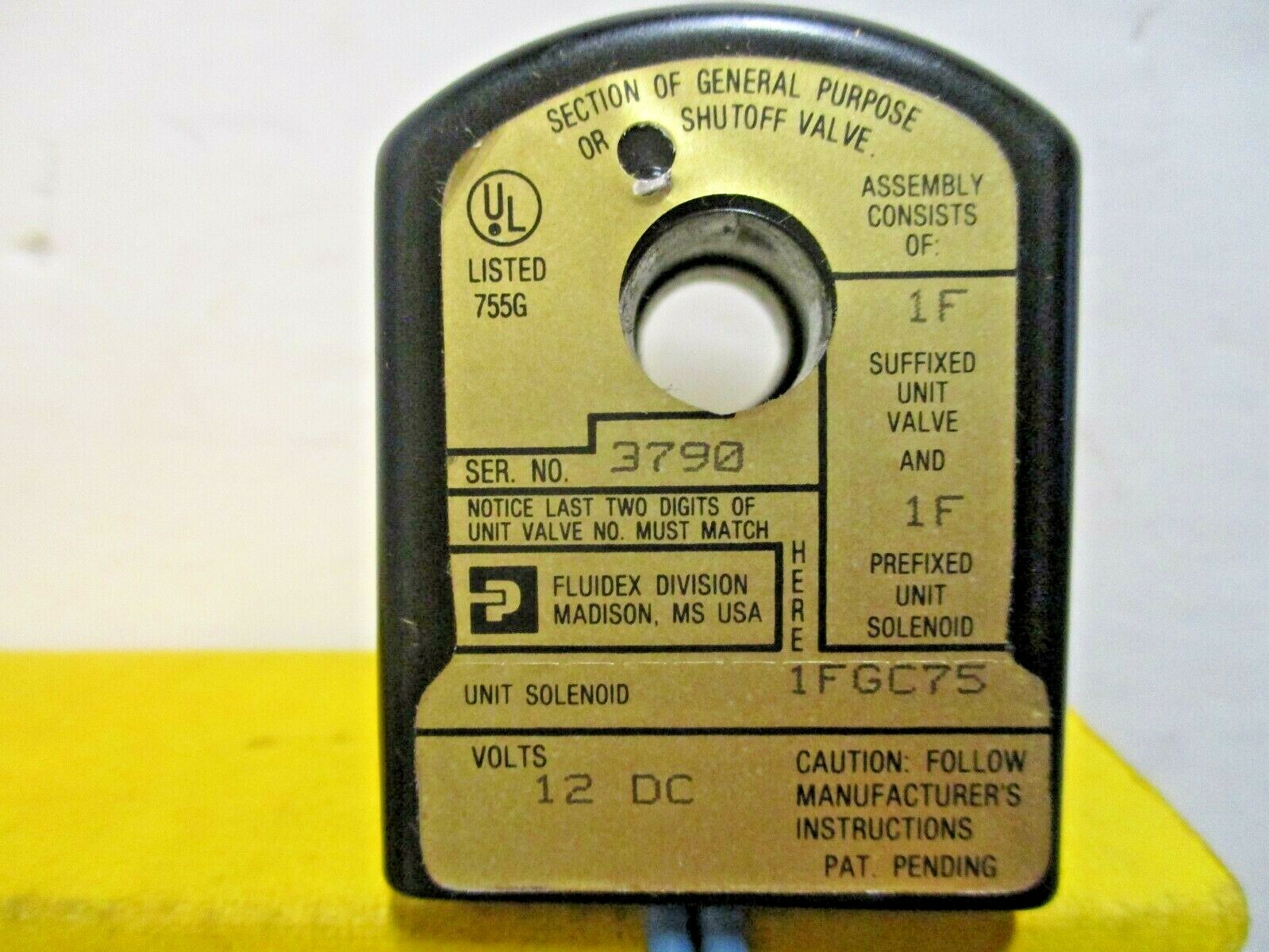 Parker 04F20C2118A1F Unit Valve 1/4 x 9/32 with 1FGC75 Type 1F 12vdc Solenoid