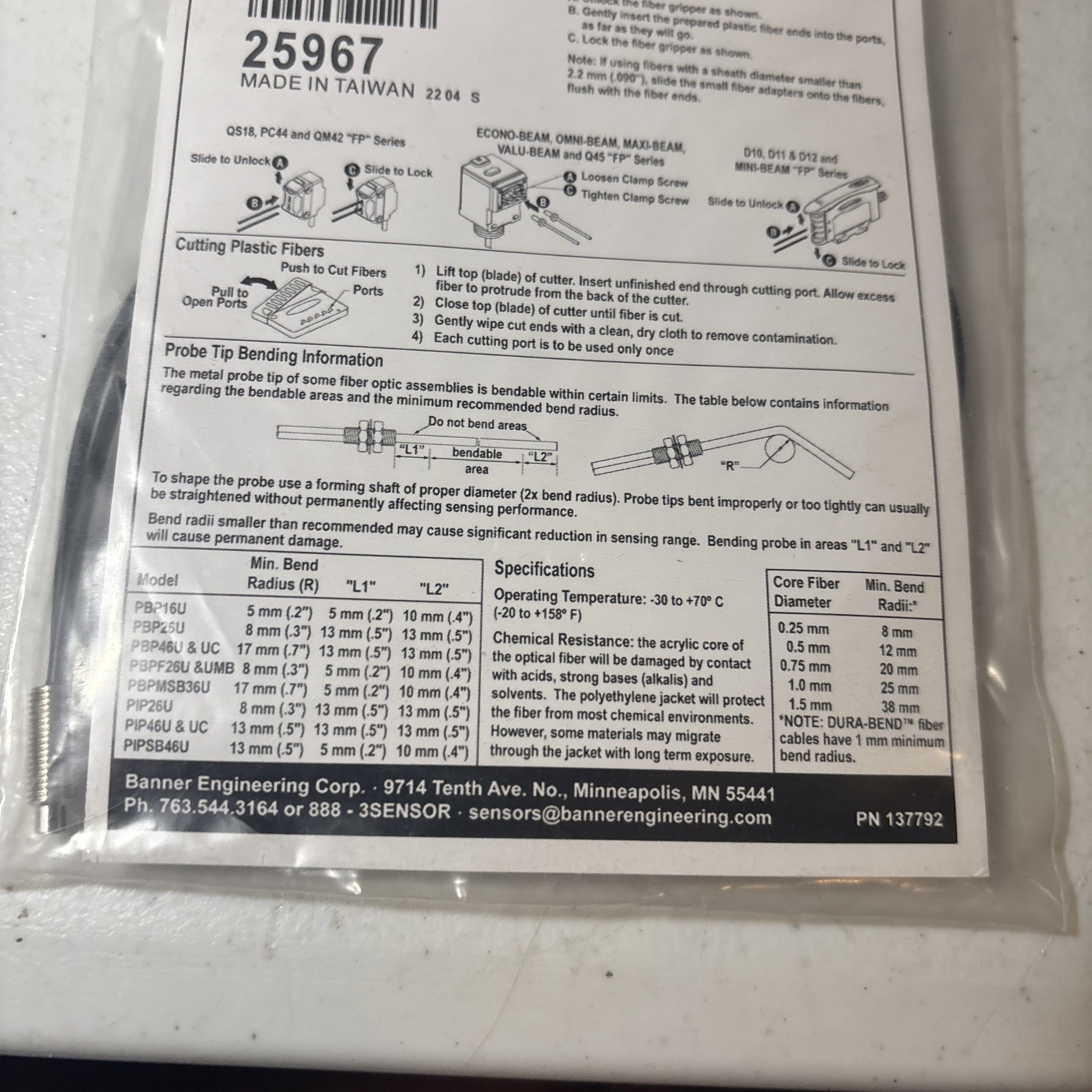 NEW BANNER PBT46U FIBER OPTIC CABLE SENSOR 25967 PFC-4