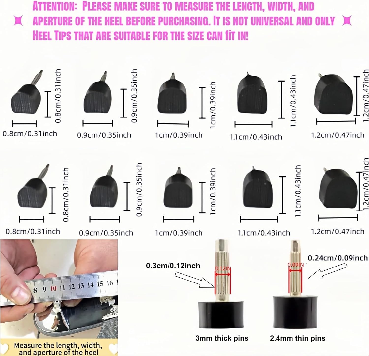 10 Pairs High Heel Tips Replacement – U/Cap Style, 2.4mm & 3mm Metal Core, 5 Siz