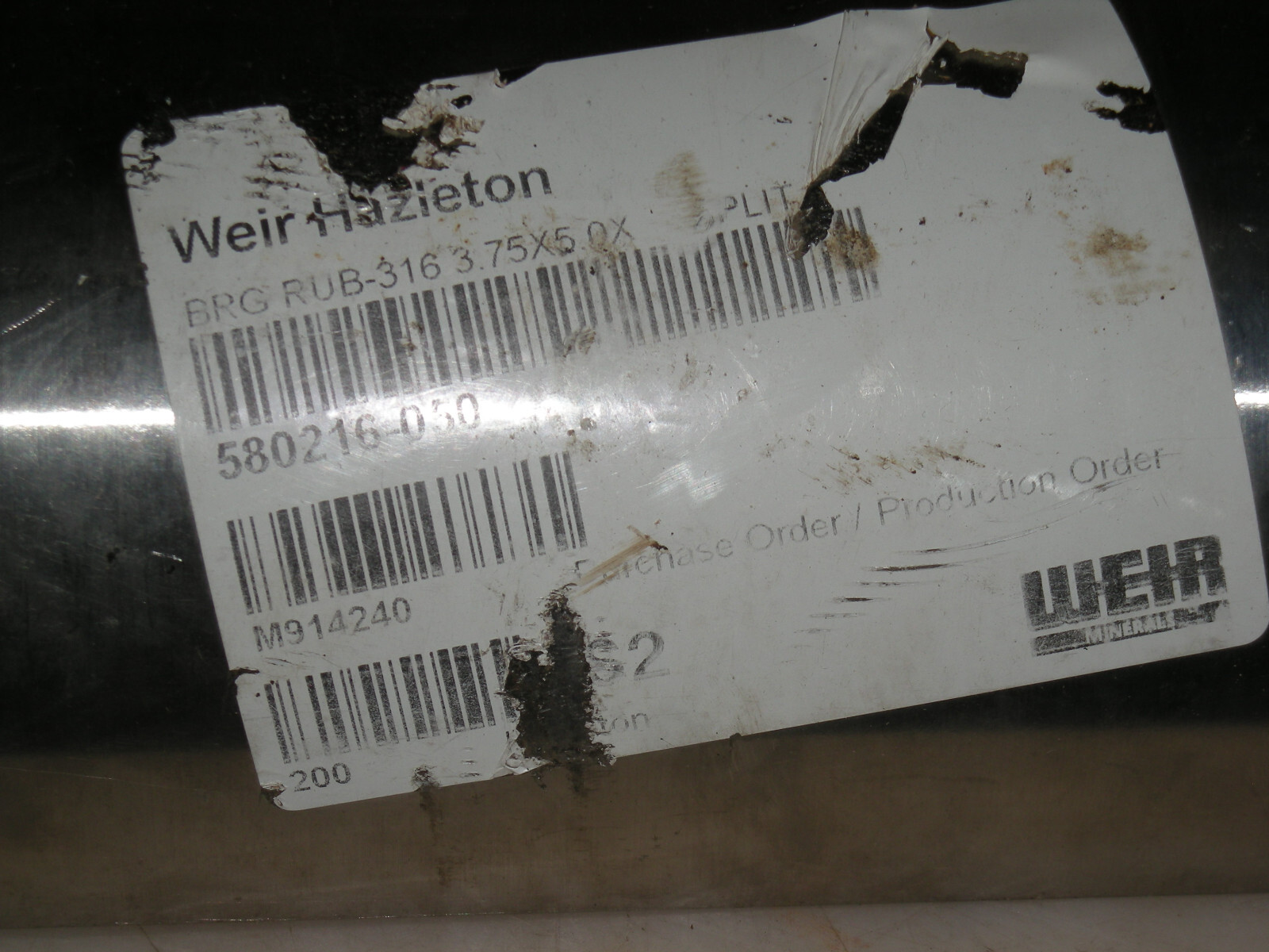 WEIR HAZLETON 580216-050 RUBBER BEARING 3.75IN X 5IN X 12IN 316SS