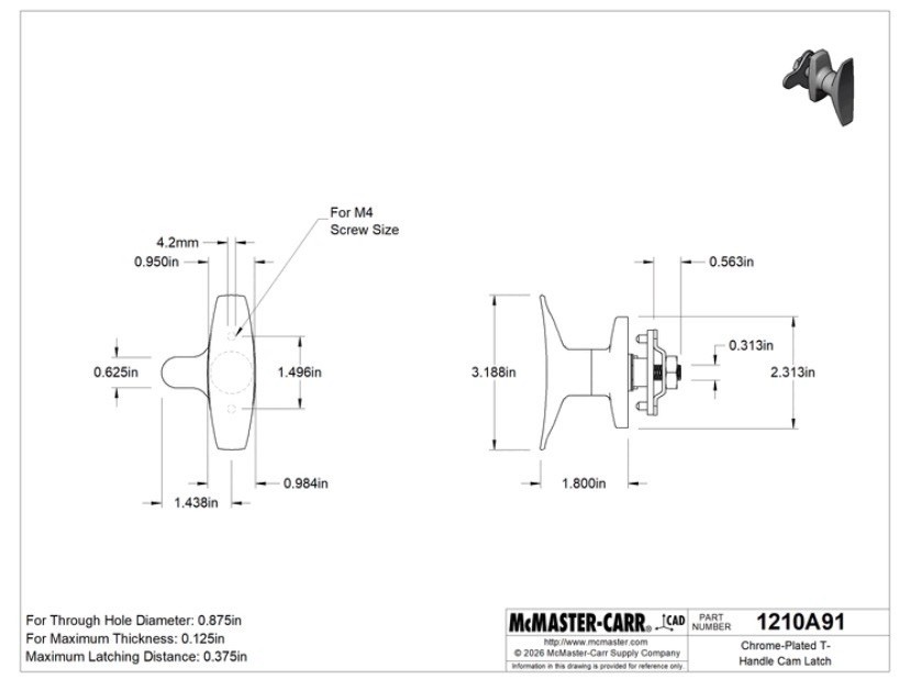 McMaster-Carr 1210A91 T-Handle Cam Latch Counterclockwise Quarter Turn Polished