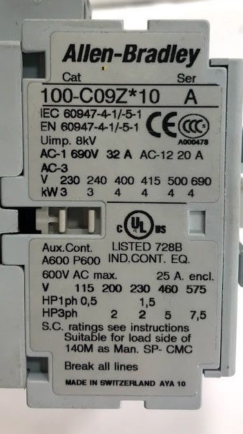 1 USED ALLEN-BRADLEY 100-C09Z*10 CONTACTOR SERIES A ***MAKE OFFER***
