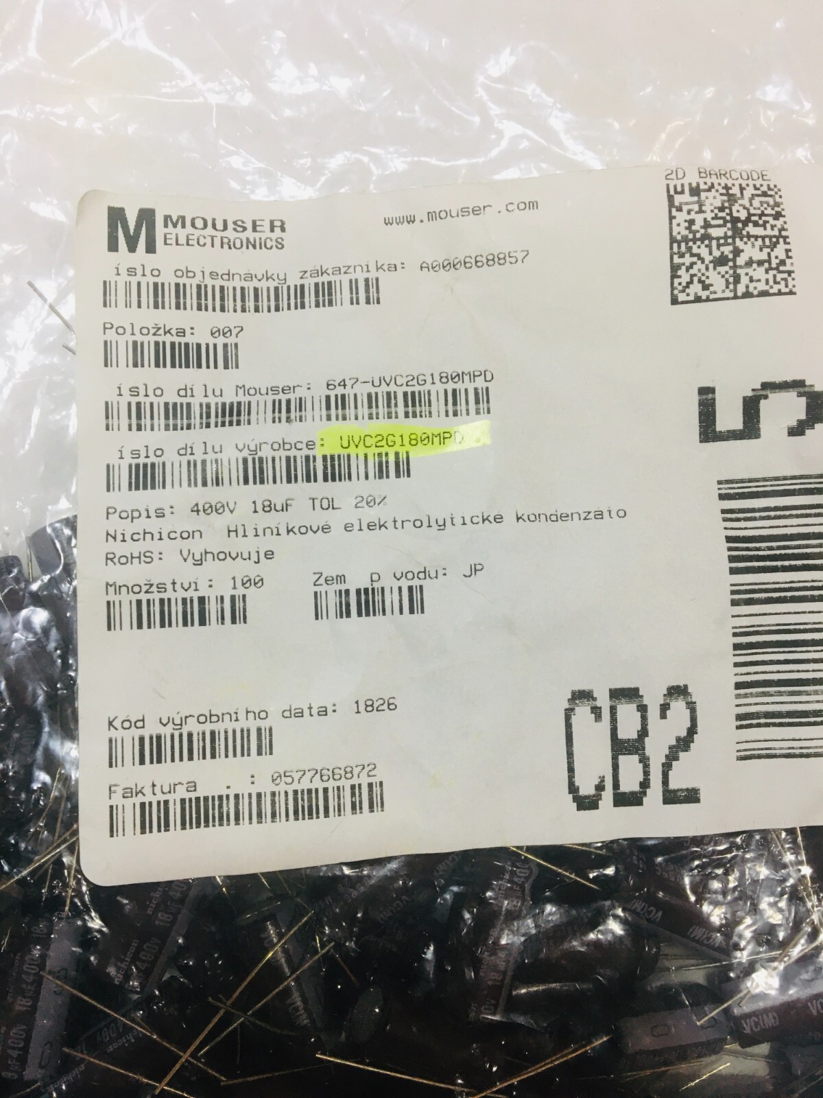 Mouser 647-UVC2G180MPD 400V 18uf (100 pcs)