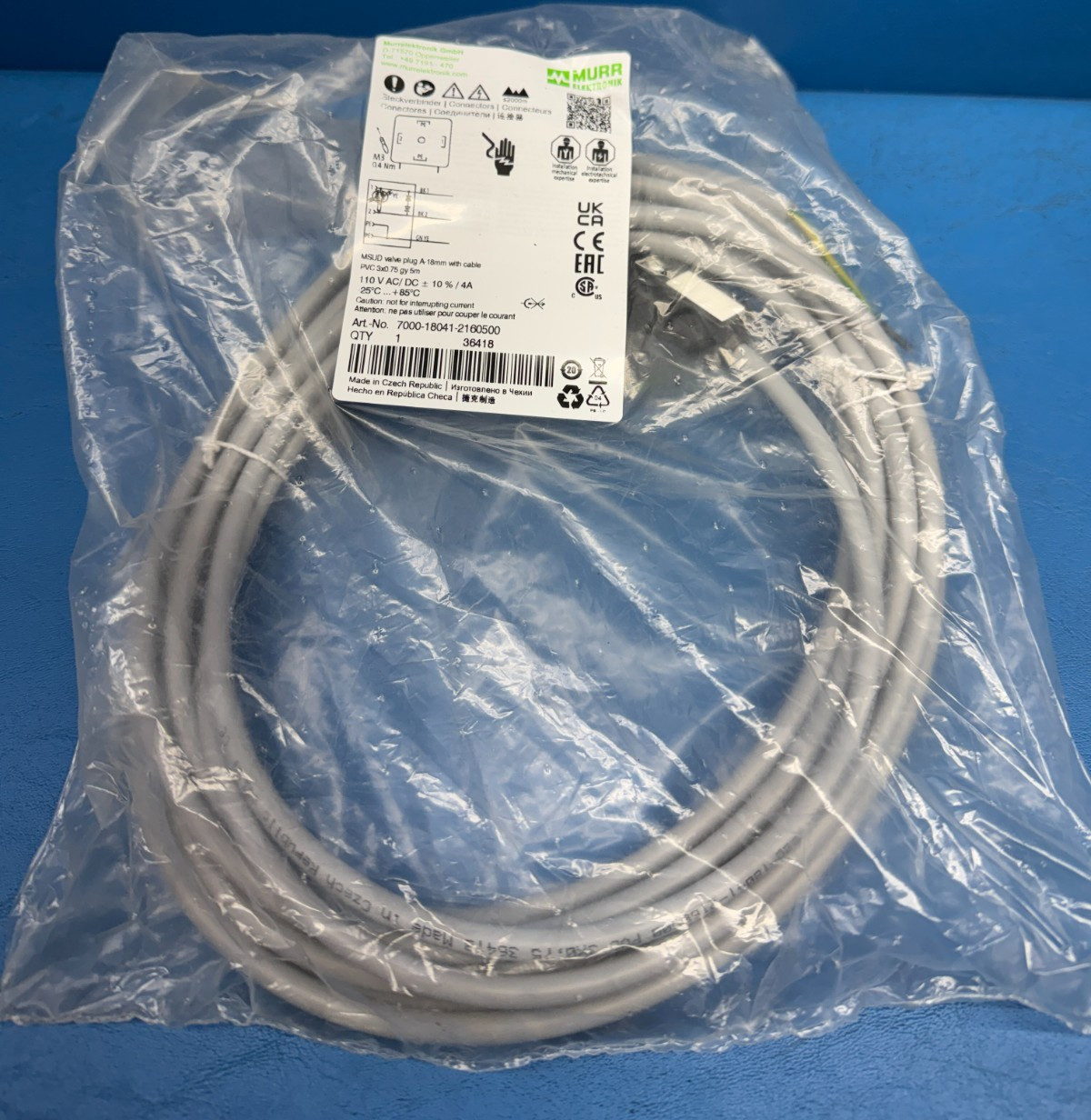 Murr Elektronik 7000-18041-2160500 110VAC 4A MSUD Valve Plug Cable