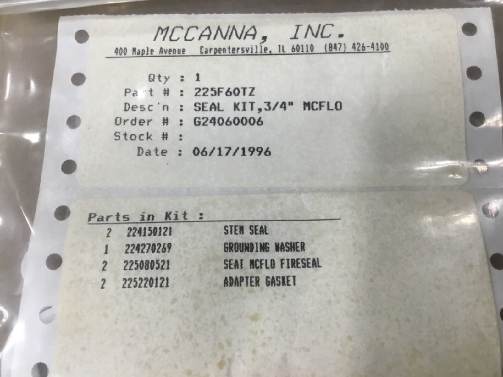 Mccanna 225F60TZ Valve Seal Kit 3/4” Mcflo #09H38RM