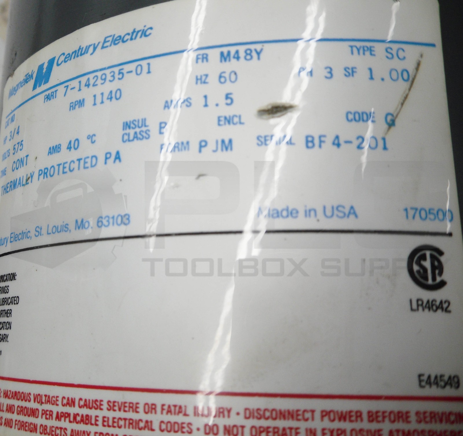 MAGNETEK 7-142935-01 CENTURY ELETRIC, 3/4 HP, 1140 RPM, 3PH, M48Y FRAME, 1.5A