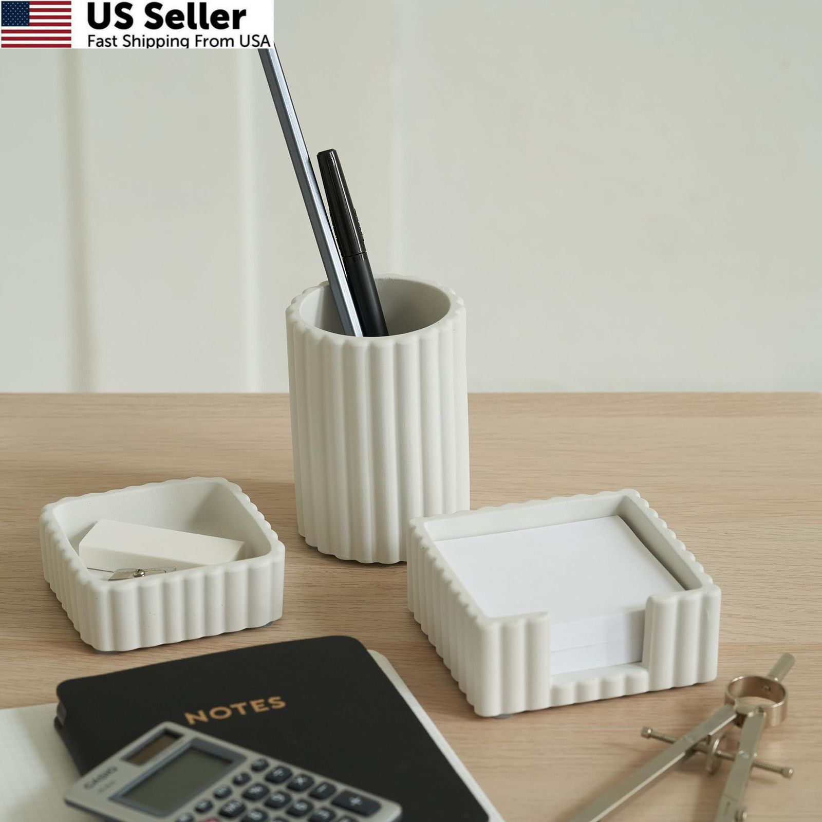 KIBAGA Modern Aesthetic Desk Accessories Set of 3 – Stylish Concrete Gray