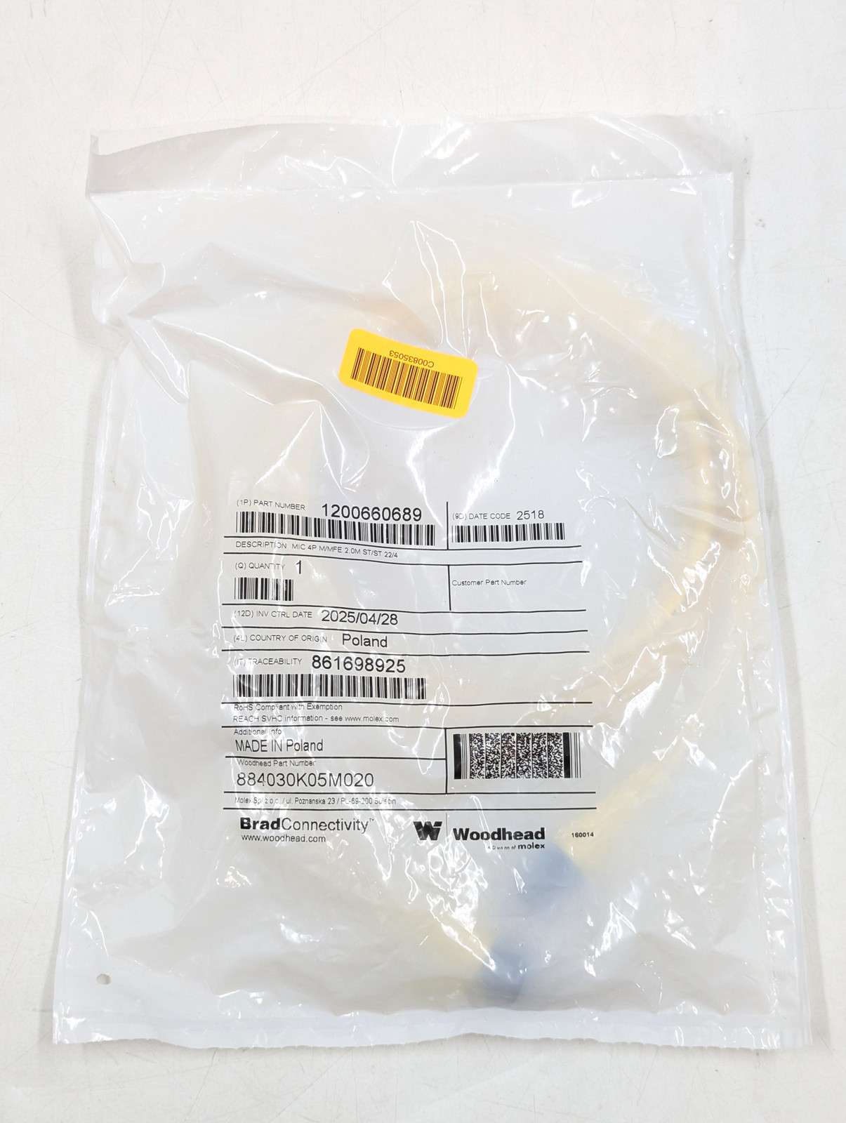 Woodhead 1200660689 MIC 4P M/MFE 2.0M ST/ST 22/4 Cable | Lot of 24