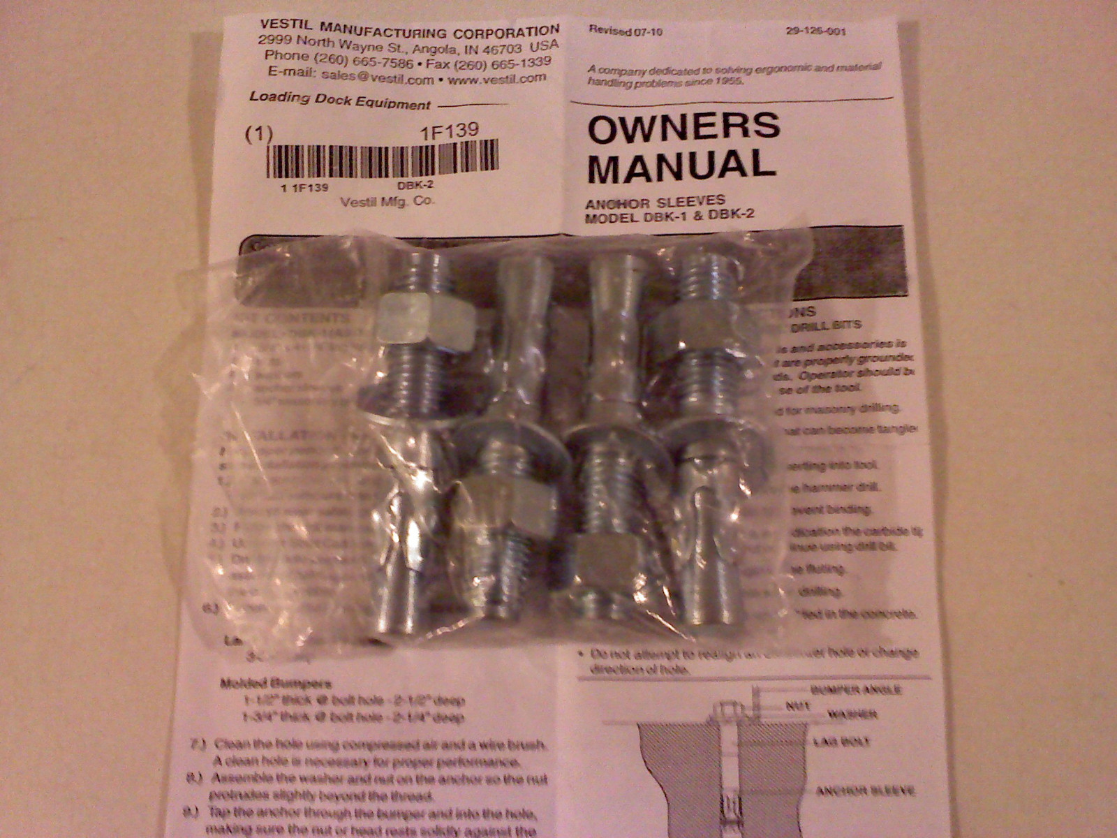 Vestil DBK-2 4-1/4 Inch x 3/4 Inch Lag Bolts Nuts Washers & Anchor Sleeves