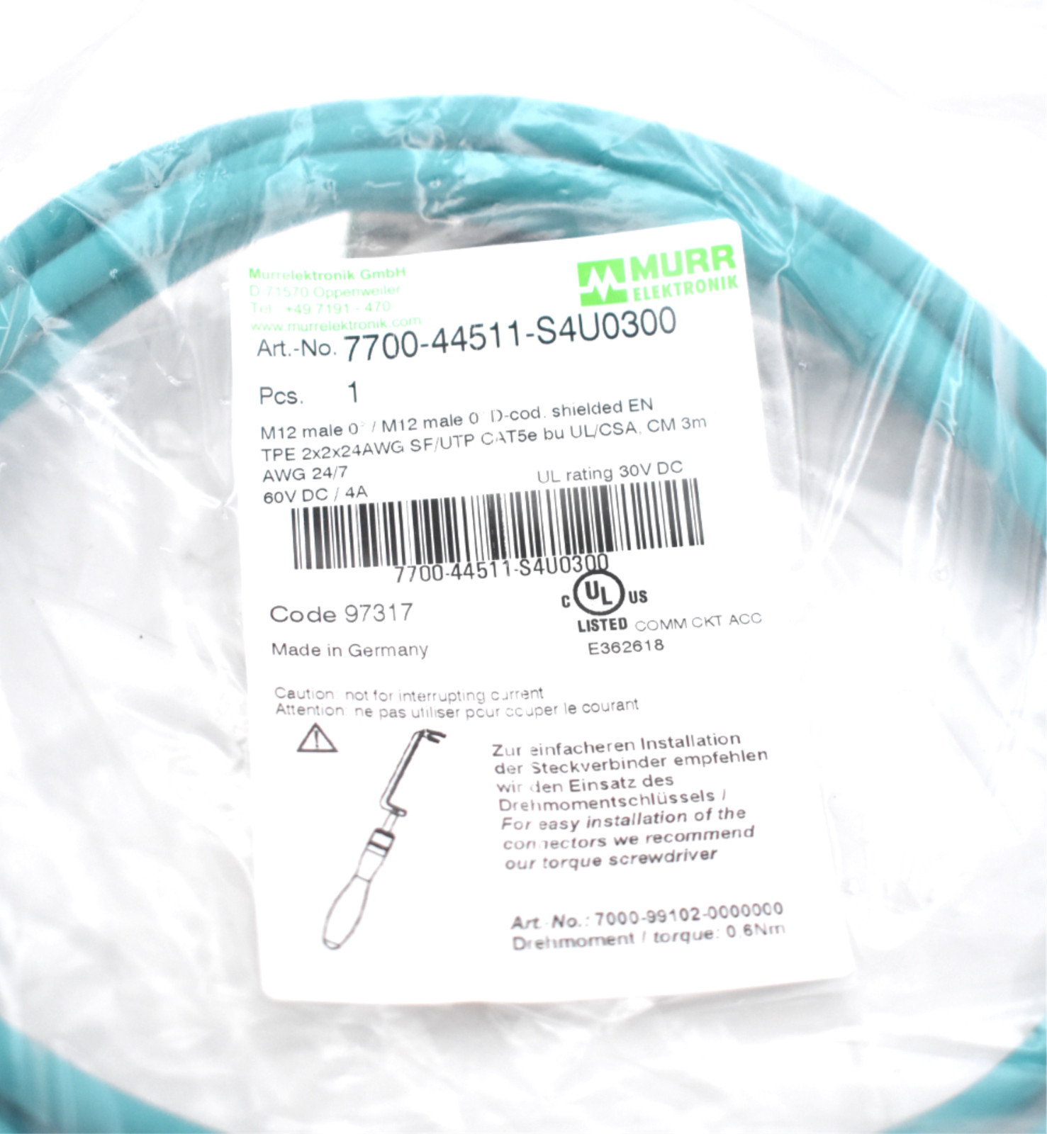 MURR ELEKTRONIK 7700-44511-S4U0300 CAT5E ETHERNET STRAIGHT-THROUGH PATCH CABLE