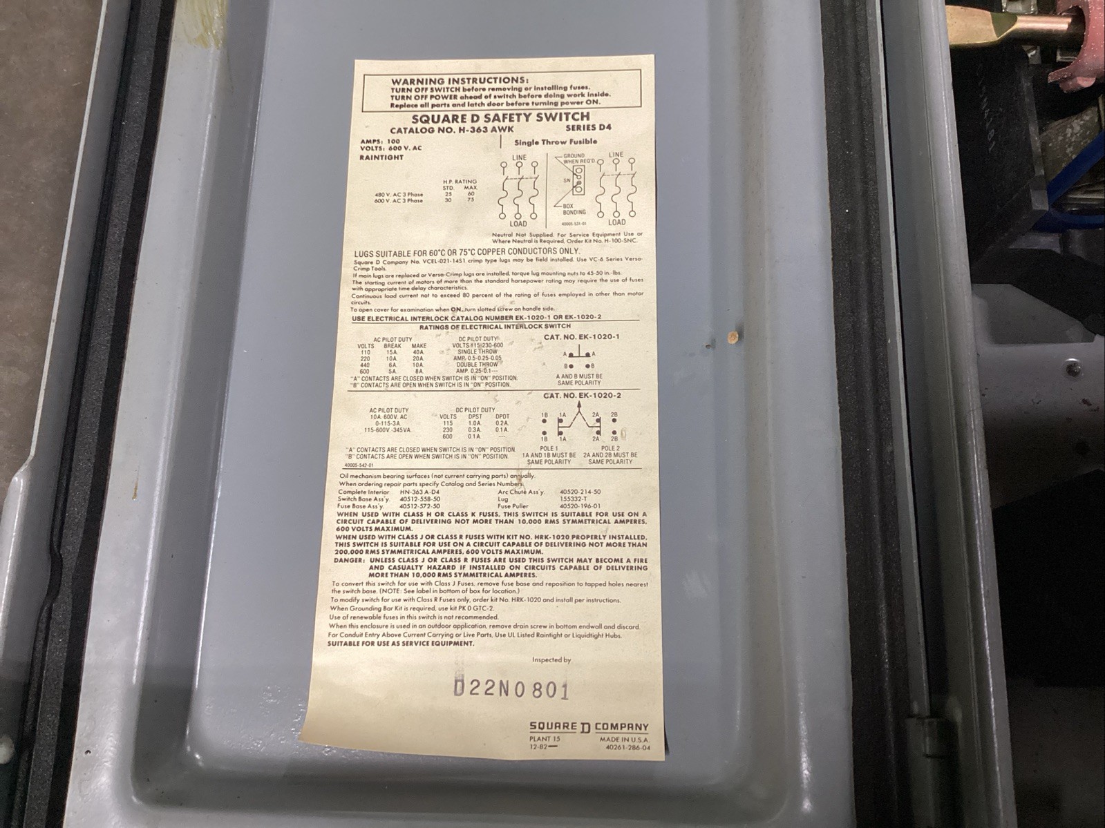 SQUARE D SAFETY SWITCH H-363AWK 100AMP 600V RAINTIGHT #812E101PR6*CO