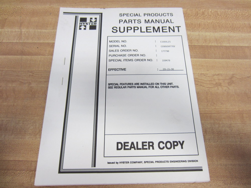Hyster E100XL2S Special Products Parts Manual Dealer Copy Hy-E100XL2S (Pack of 6