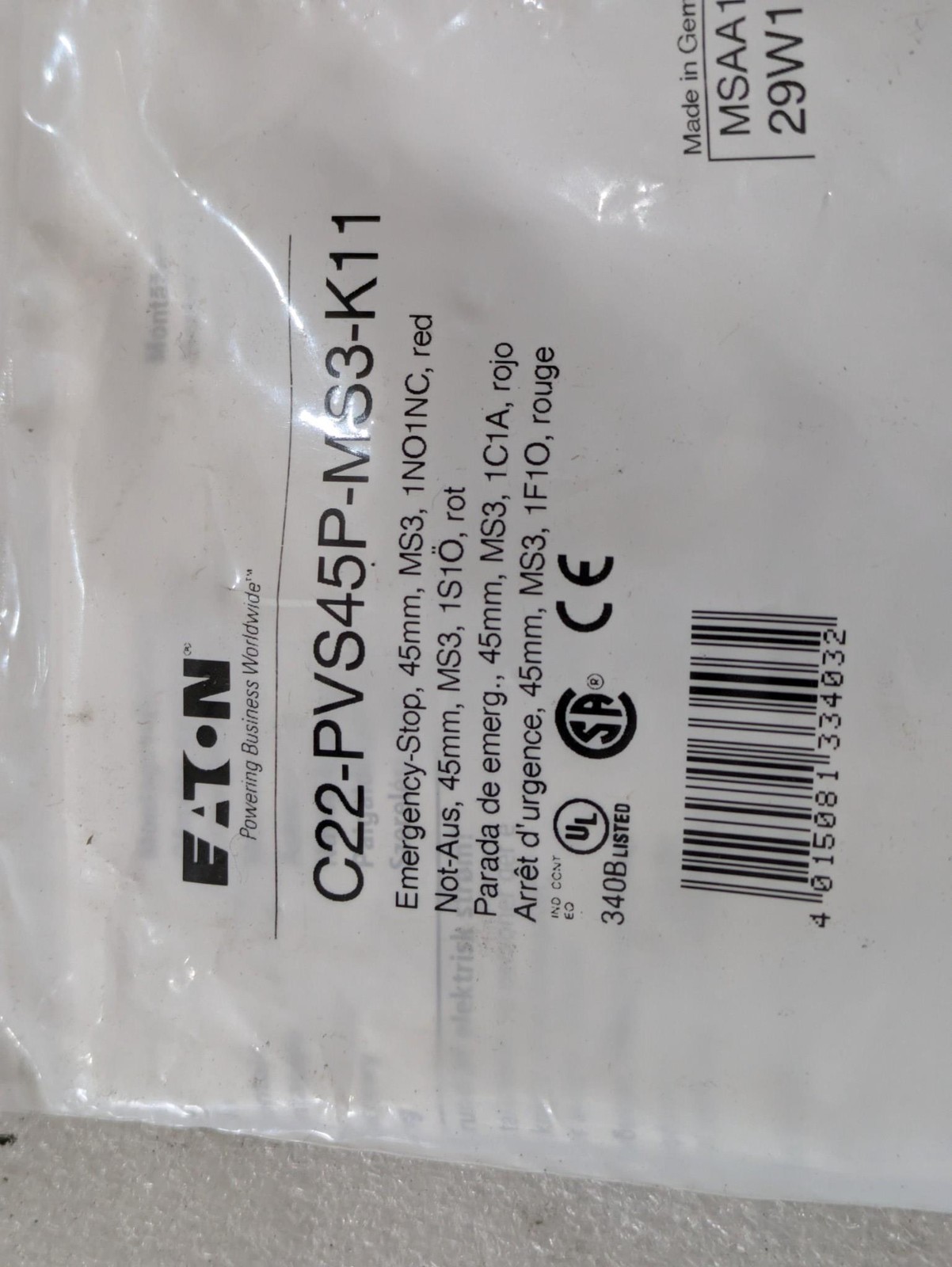 Eaton C22-PVS45P-MS3-K11 45mm Red Industrial Component Hardware Electrical Spare
