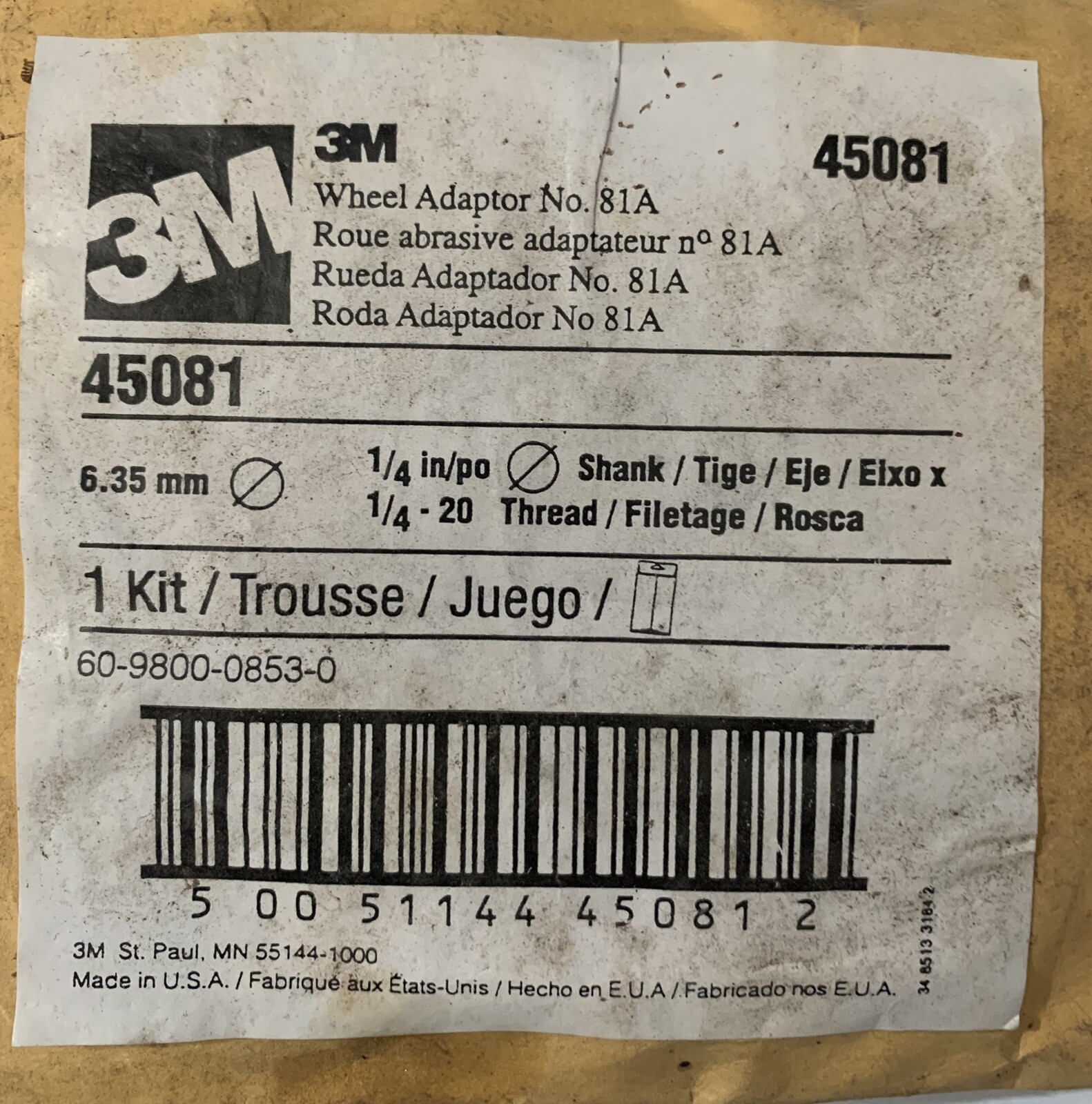 3M Wheel Adapter 81A 45081 with 1/4″ Shank, 1/4-20 Thread (Pack of 1)