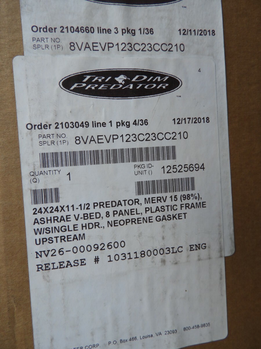 Tri Dim Predator 24x24x11-1/2 MERV 15 Air Filter ASHRAE V-Bed 8-Panel 8VAEVP123C