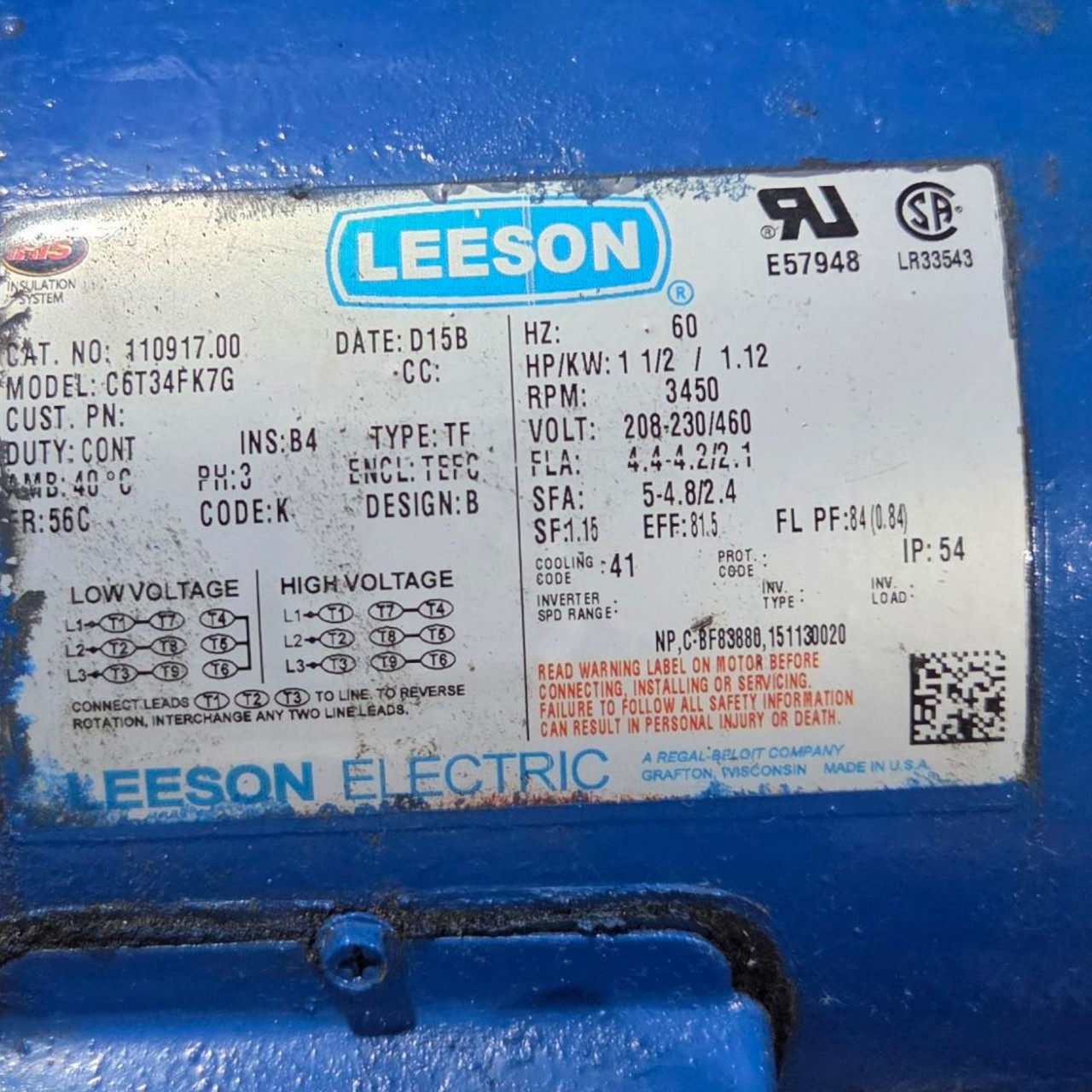 Ingersoll-Dresser Centrifugal Pump 1.25X1X4″ Type 1000 w/ Leeson 1.5 HP Motor, 3