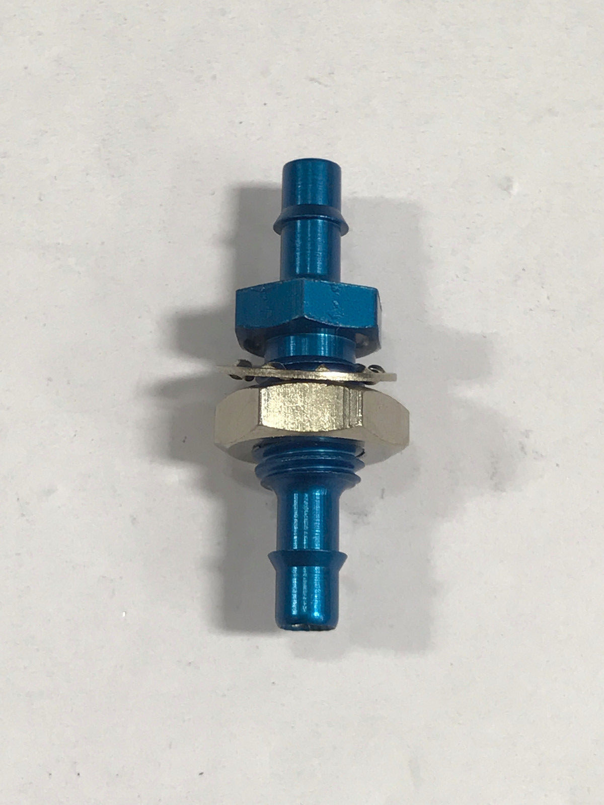 Blue anodized aluminum bulkhead fitting, 1/4-28 UNF thread to 1/8 ID tubing barb